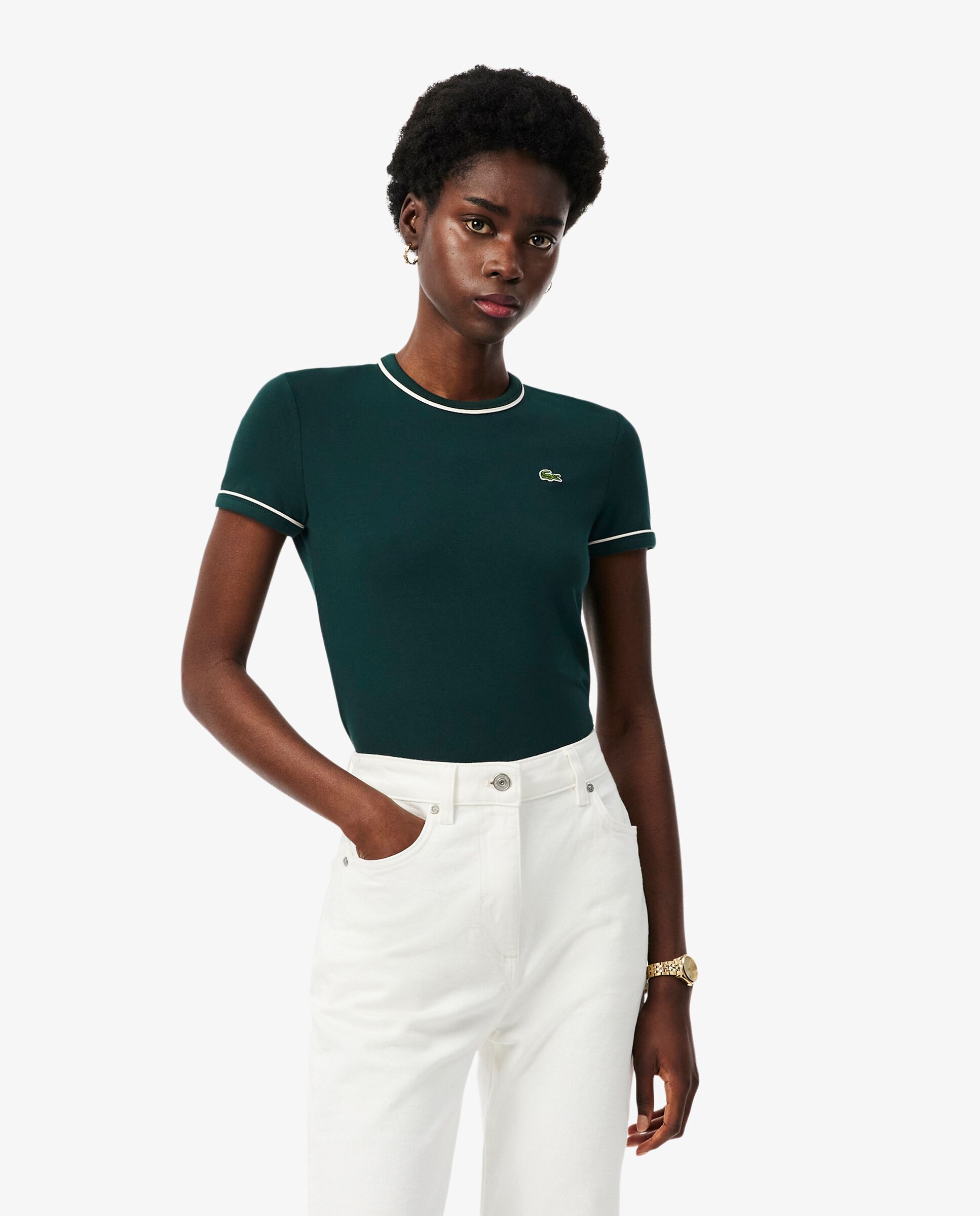 Imagen 0 de Camiseta de mujer de punto  con ribete en contraste de manga corta Verde
