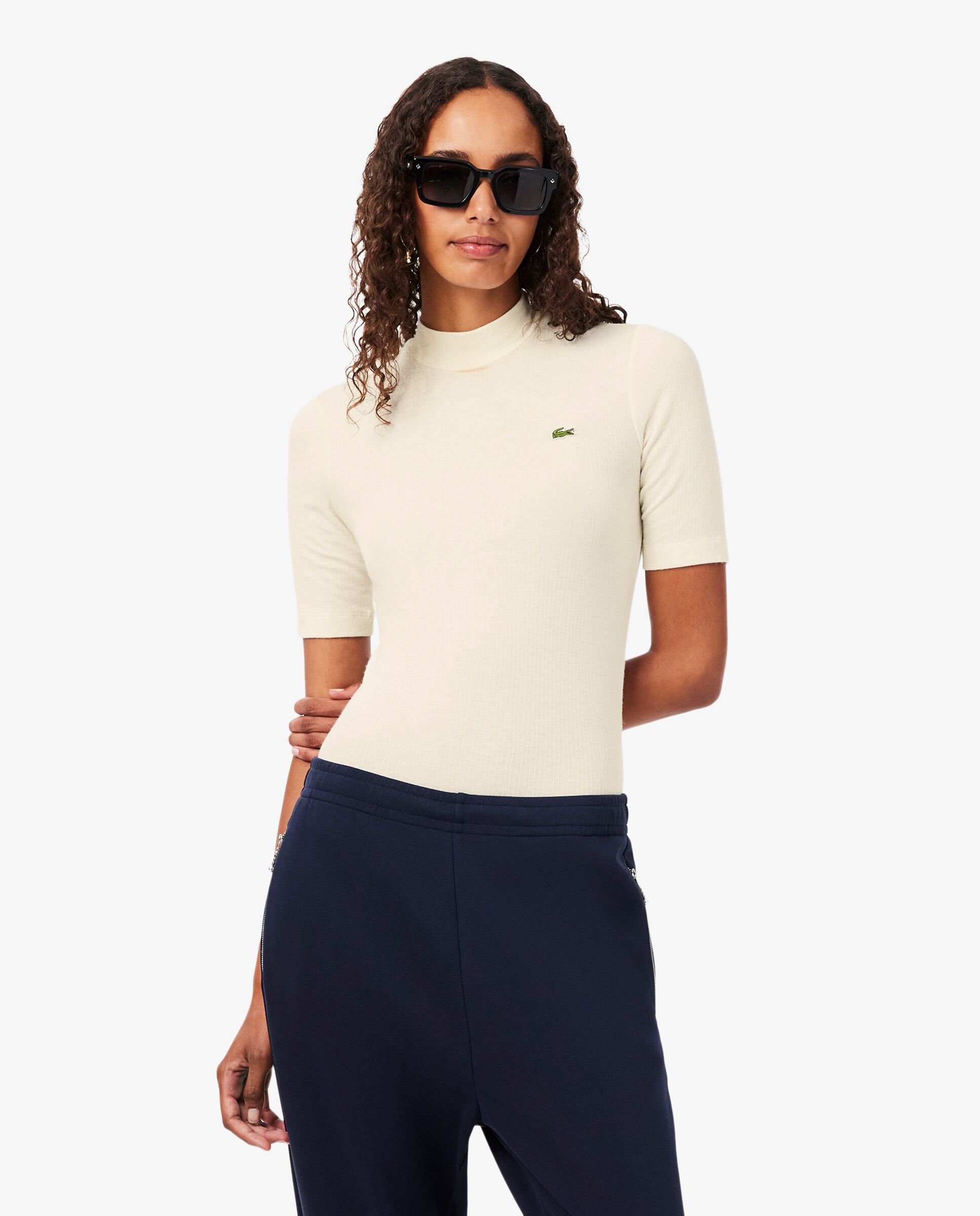 Camiseta de mujer de cuello alto en tejido de canalé de lana de corte ajustado en - Lacoste - Blanco Blanco-1