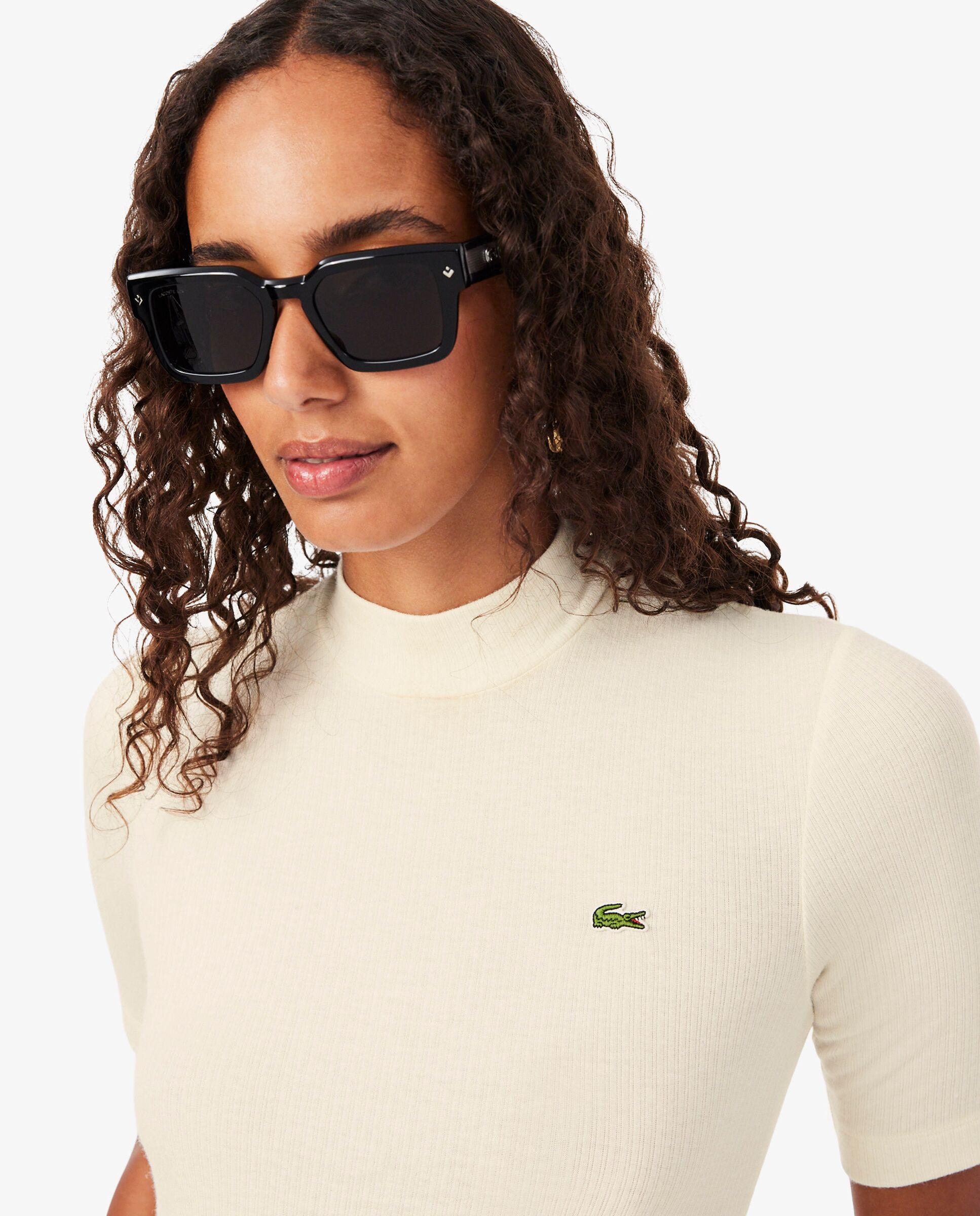 Camiseta de mujer de cuello alto en tejido de canalé de lana de corte ajustado en - Lacoste - Blanco Blanco-3