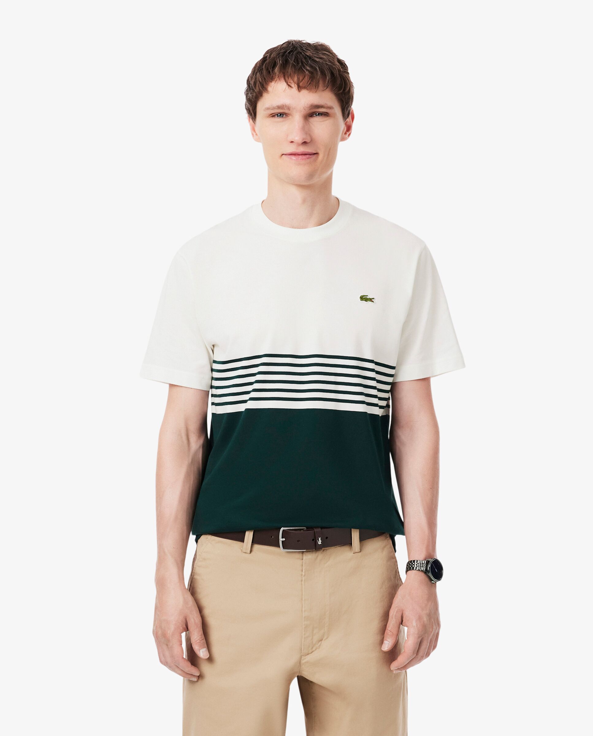 Lacoste - Camiseta de hombre de punto jersey de hombre de rayas con bloques de color en blanco de manga corta.