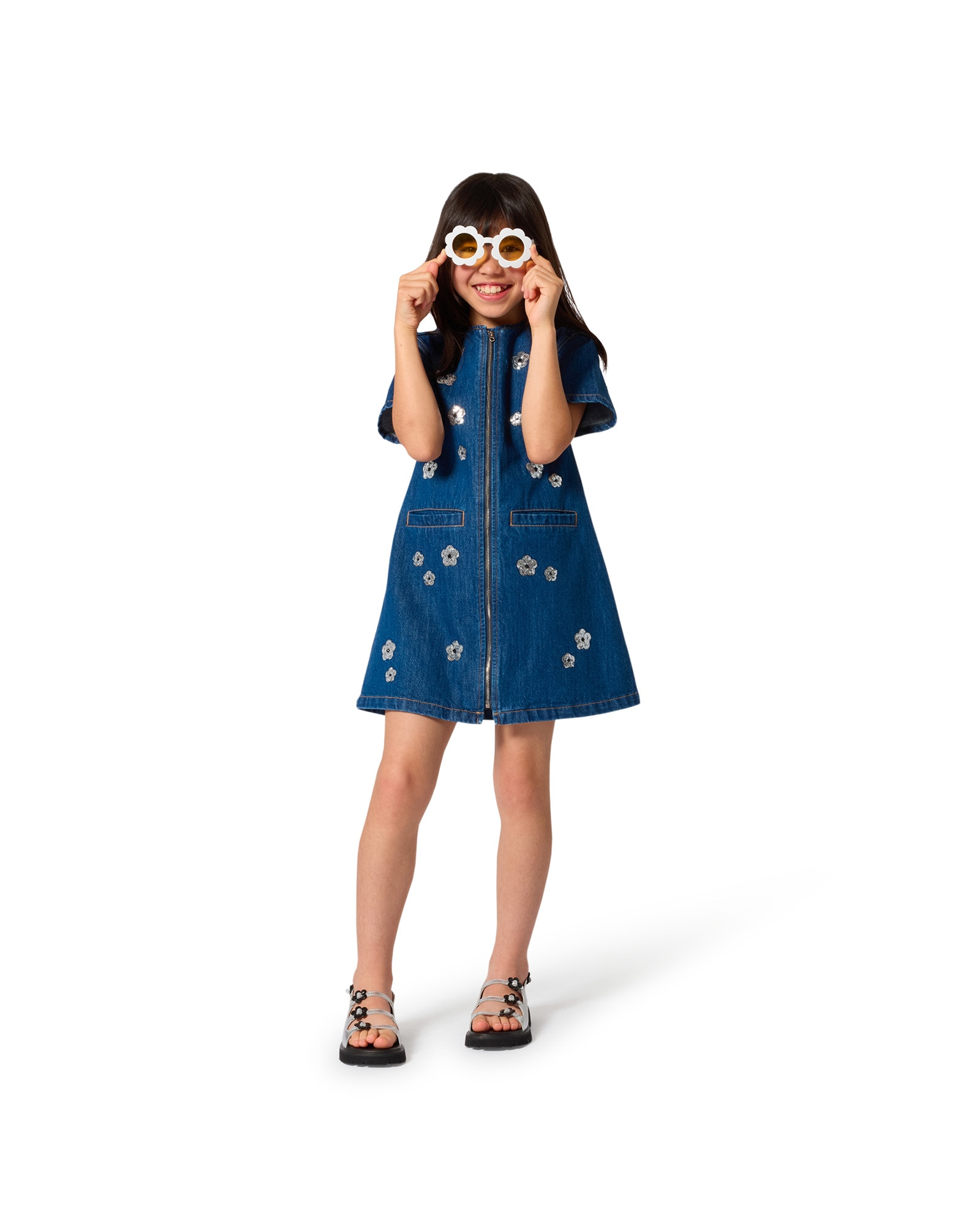 Vestido de niña de manga corta con estampado grande en algodón - Marc Jacobs - Azul Azul-2
