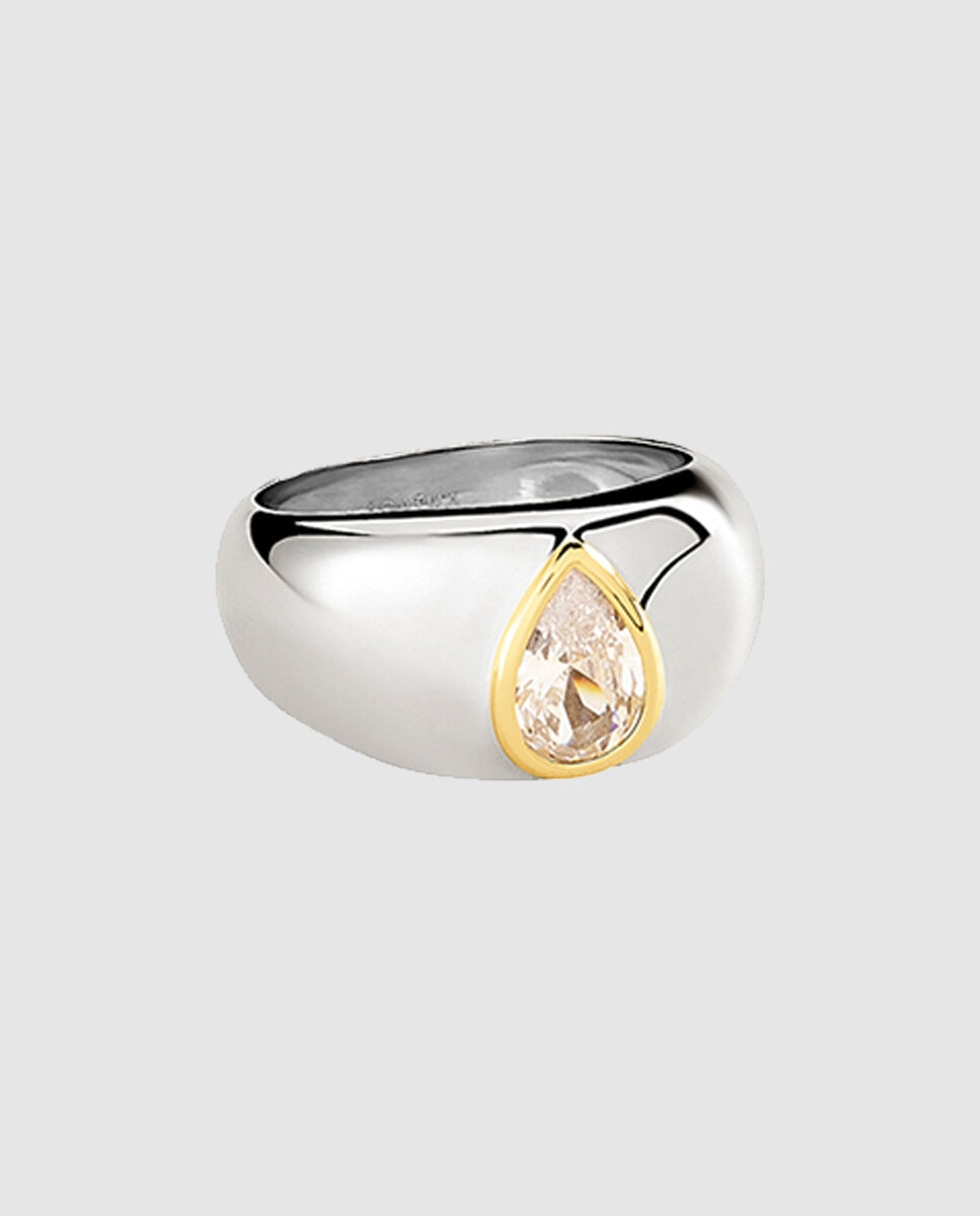 Anillo ancho acabado en rodio con circonita en forma de gota. 50 aniversario - Agatha Paris - Blanco Blanco-1