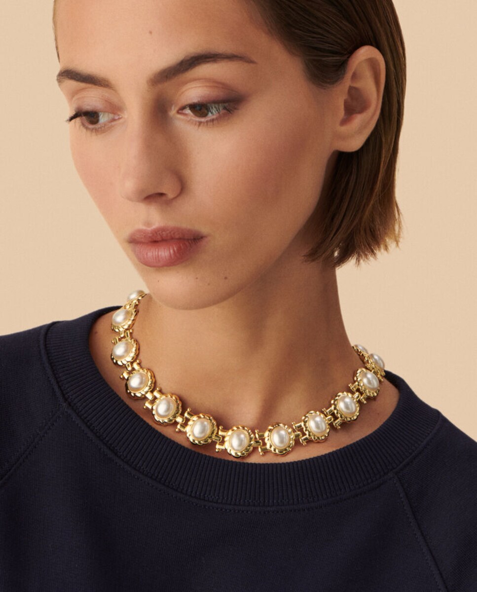 Collar corto XXL acabado en oro con perlas N-13 Unica Blanco-2