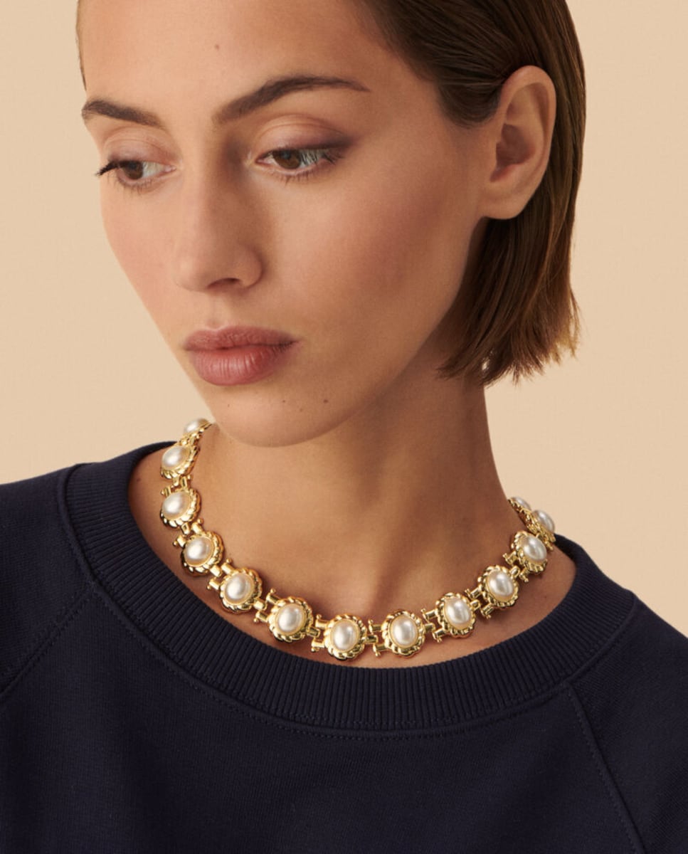 Collar corto XXL acabado en oro con perlas N-13 Unica Blanco-2