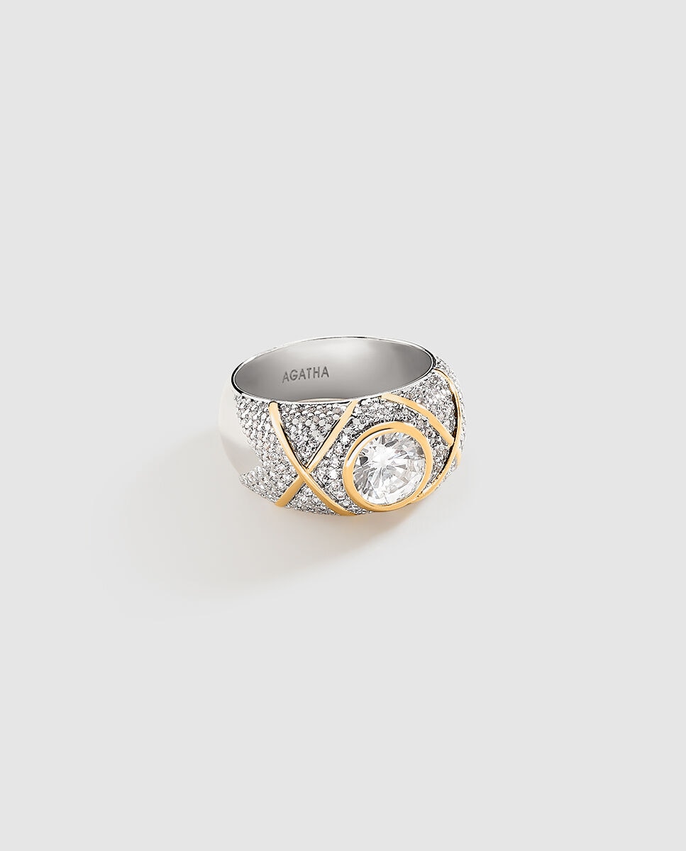 Imagen 0 de Anillo pavé bicolor acabado en oro y rodio con circonita xxl en el centro n-13 Blanco