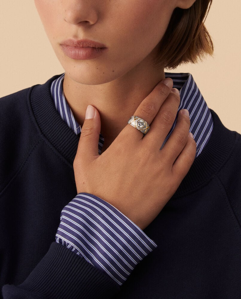 Anillo pavé bicolor acabado en oro y rodio con circonita xxl en el centro n-13 - Blanco Blanco-2