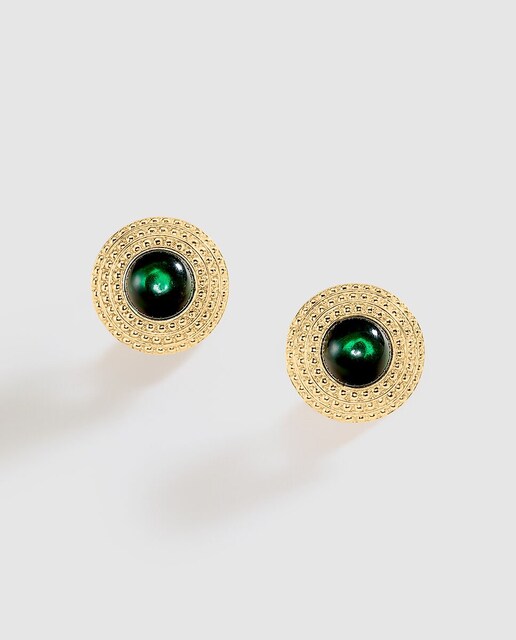 Imagen 0 de Pendientes redondos acabados en oro con cabujón de color verde esmeralda N-13 Unica