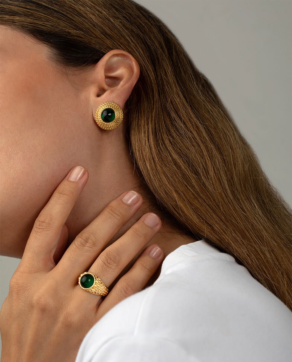 Anillo ancho acabado en oro con cabujón verde esmeralda N-13 Unica - Verde Verde-3