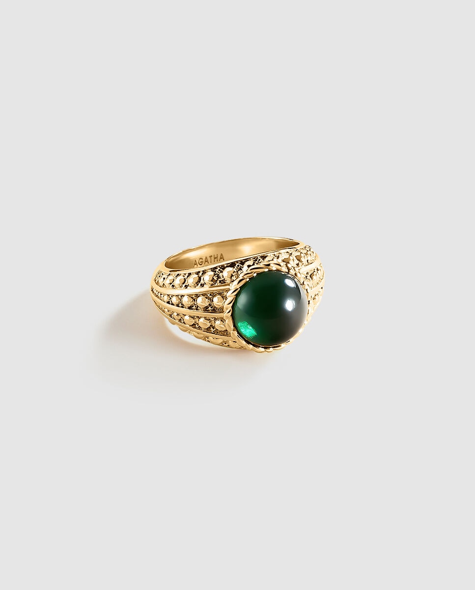 Anillo ancho acabado en oro con cabujón esmeralda N-13 Unica - Agatha Paris - Verde Verde-1