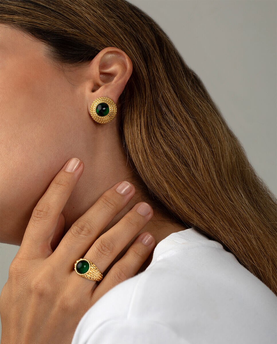 Imagen 0 de Anillo ancho acabado en oro con cabujón verde esmeralda N-13 Unica Verde