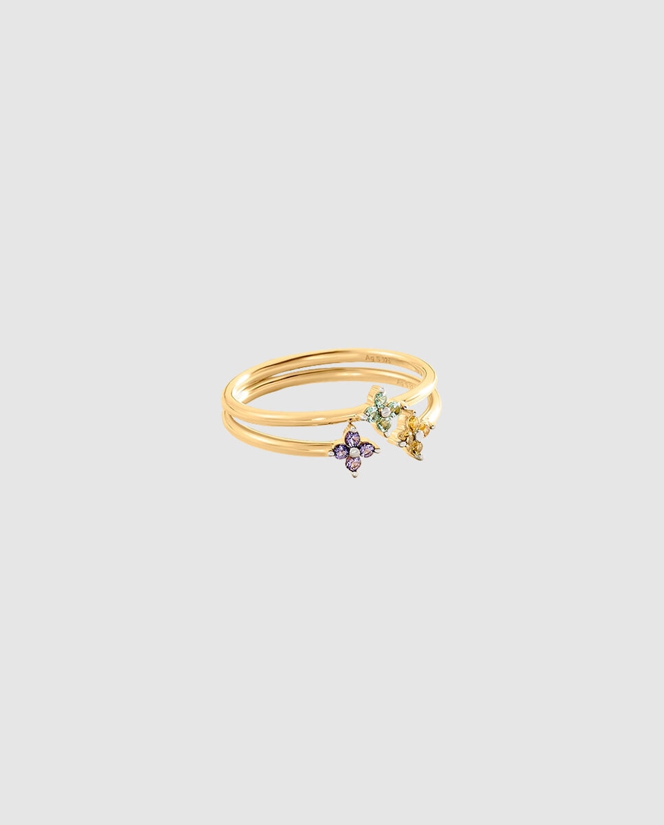 Set de 2 anillos beloved finos de plata de ley con baño de oro y flores de circonitas en diferentes colores - Agatha Paris - Multicolor Multicolor-1