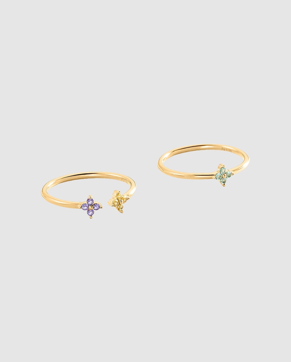 Set de 2 anillos beloved finos de plata de ley con baño de oro y flores de circonitas en diferentes colores - Agatha Paris - Multicolor Multicolor-2
