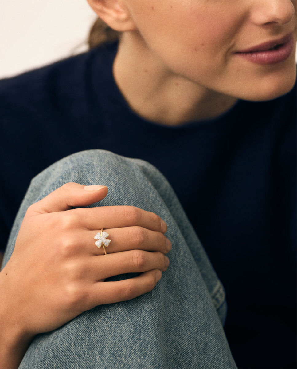Anillo fino acabado en oro con trébol de cuatro hojas con circonitas - Agatha Paris - Blanco Blanco-2