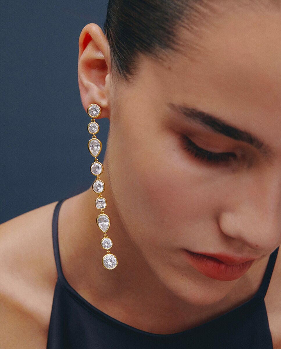 Pendientes largos xl acabados en oro con circonitas de formas diferentes - Agatha Paris - Dorado Dorado-4