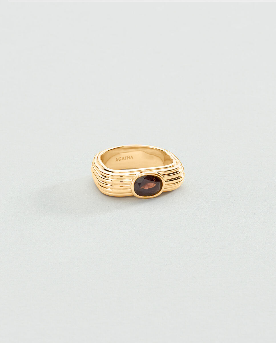 Anillo de meñique Haussmann texturizado y acabado en oro con circonita marrón en el centro