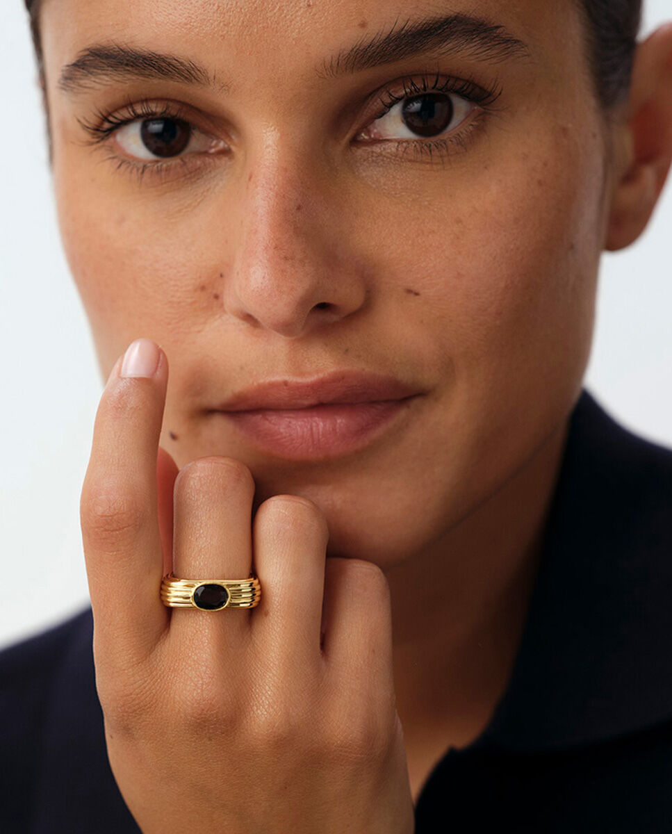 Anillo de meñique Haussmann texturizado y acabado en oro con circonita en el centro - Agatha Paris - Marrón Marrón-3