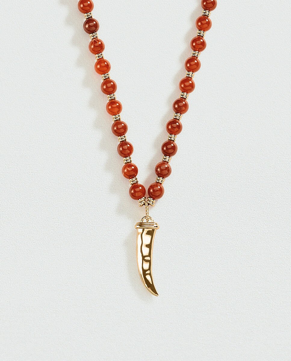 Imagen 0 de Collar largo de acetato en color tierra con cuerno de la abundancia en dorado Rojo