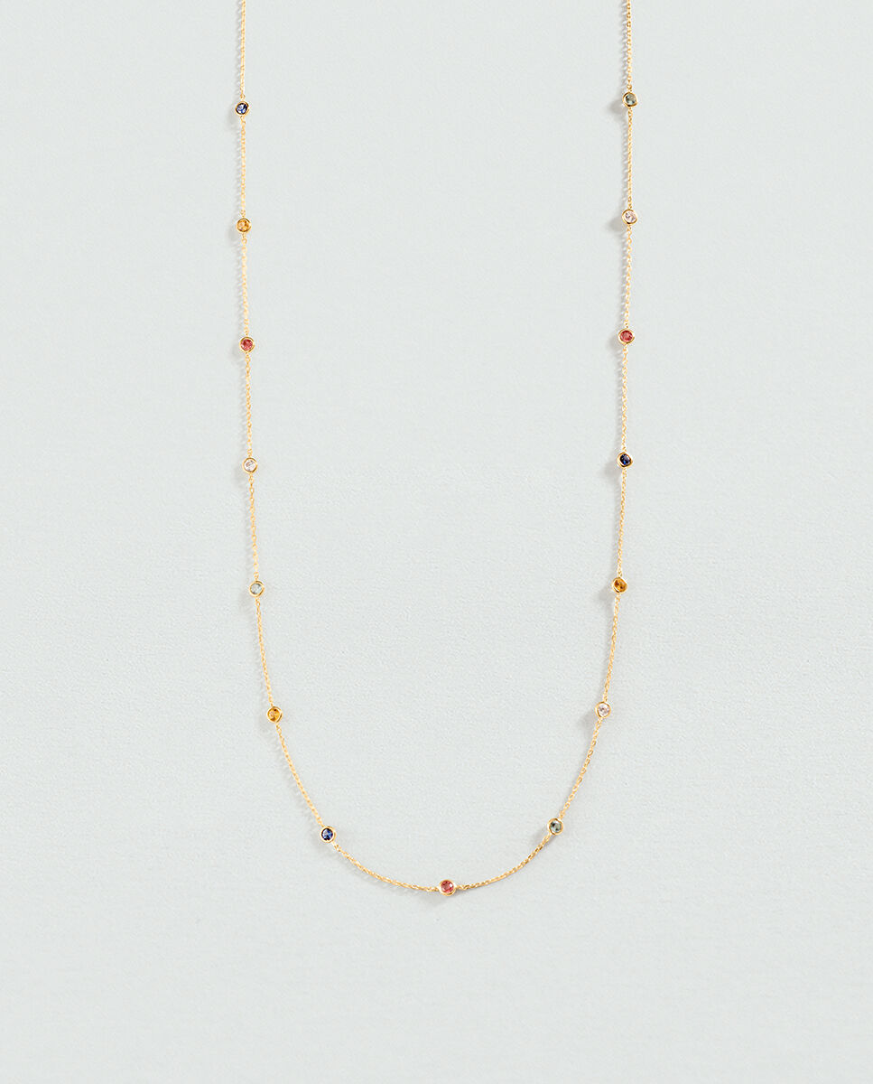Imagen 0 de Collar largo de plata de ley con baño de oro y circonitas multicolores