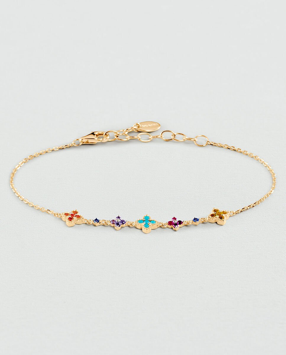 Pulsera de cadena beloved de plata de ley con baño de oro y tira de circonitas multicolores formando mini flores