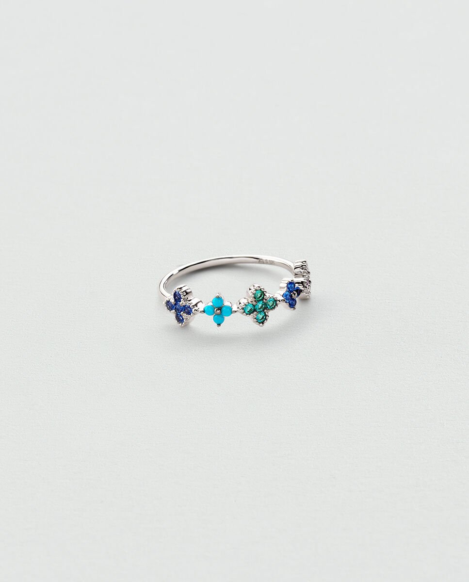 Anillo belovedde plata de ley y florecitas de circonitas en color cristal o - Agatha Paris - Azul Azul-1