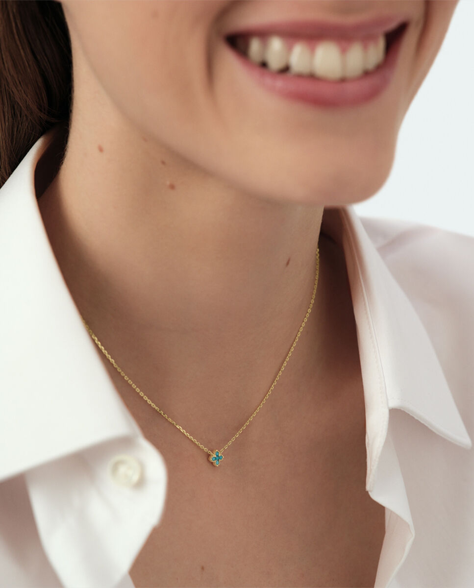 Collar corto beloved de plata de ley y baño de oro con mini colgante de circonitas en forma de flor - Agatha Paris - Turquesa Turquesa-3