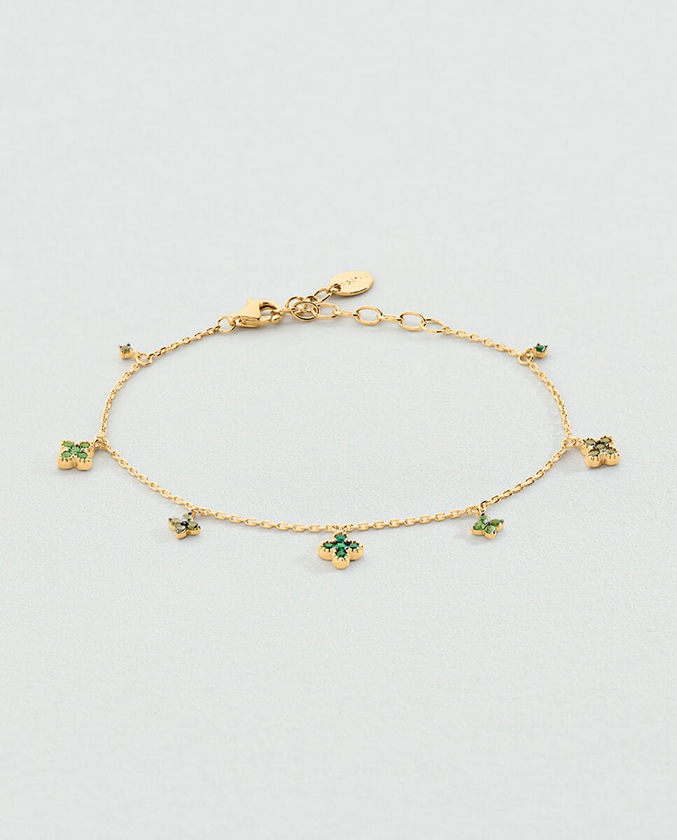 Imagen 0 de Pulsera de cadena de plata beloved de ley con baño de oro y florecitas con circonitas colgando Verde