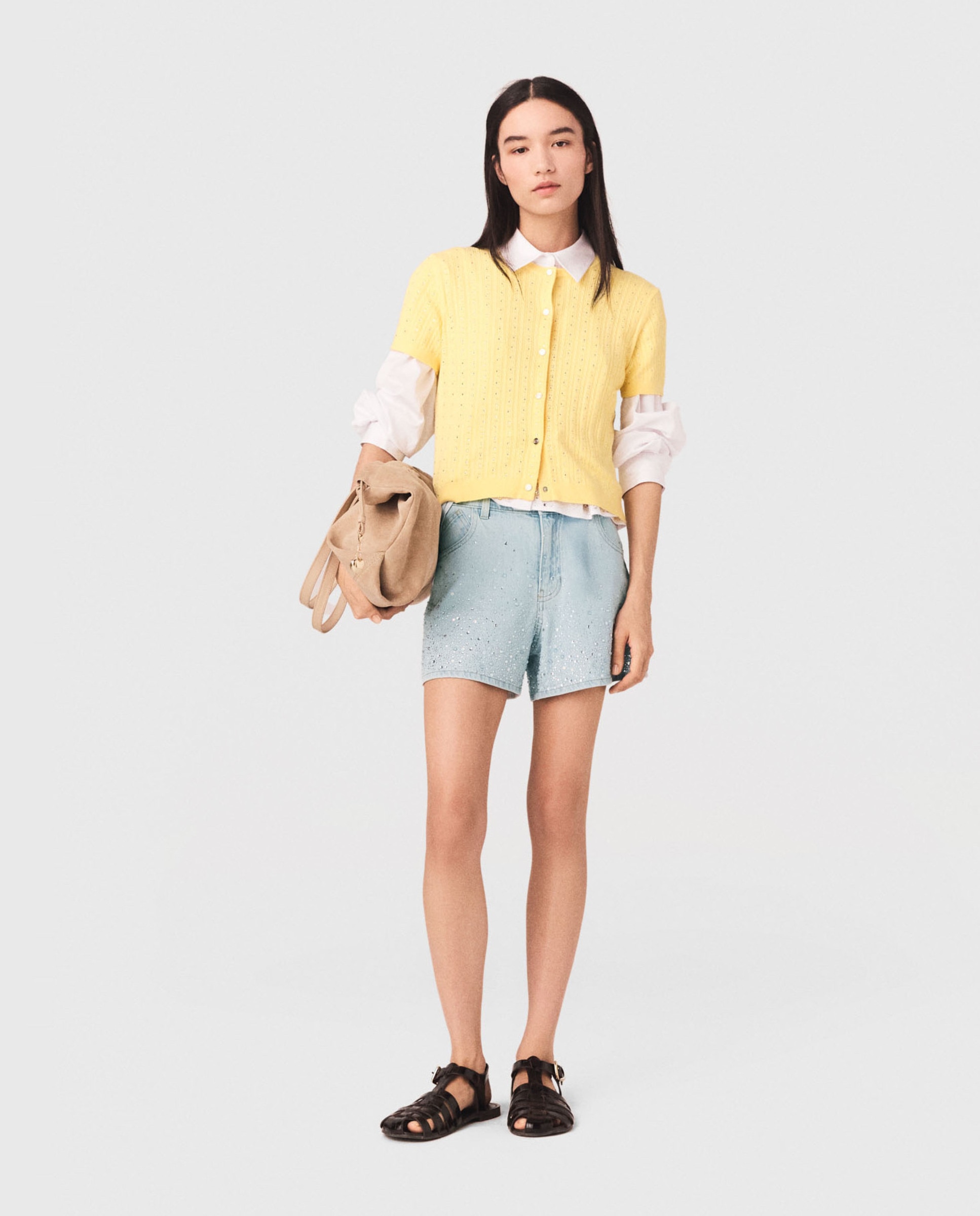 Maje - Short vaquero de mujer de talle alto corte evasé con strass y efecto desgastado.