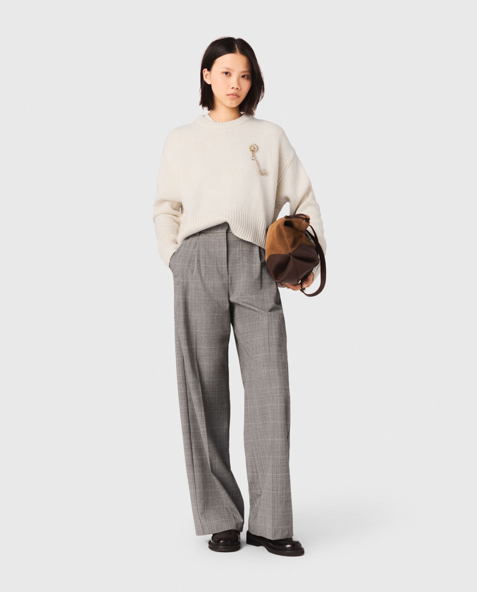 Maje - Pantalón de mujer palazzo de talle alto Príncipe de Gales.