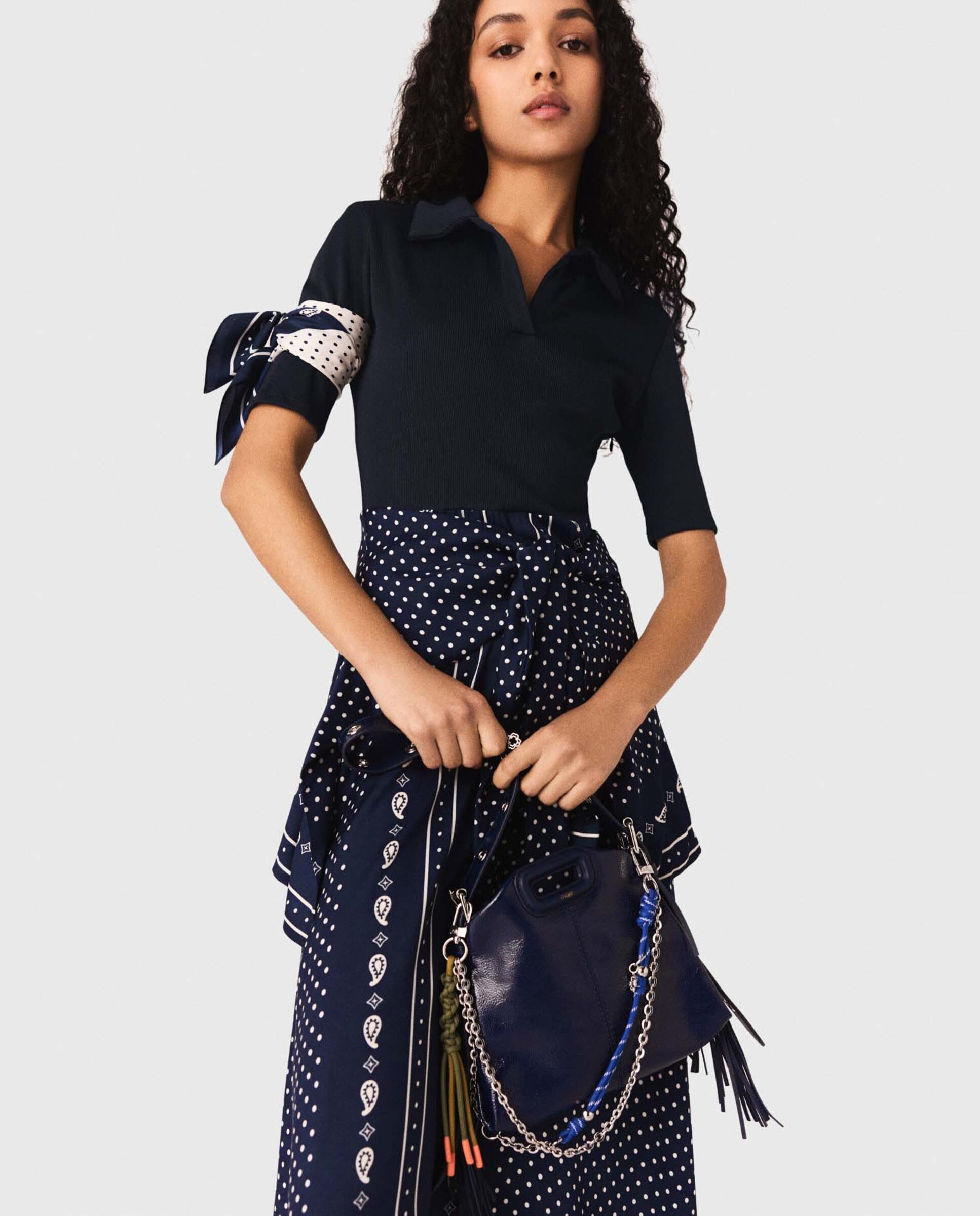 Vestido largo bimaterial estampado con efecto trampantojo - Maje - Azul marino Azul marino-4