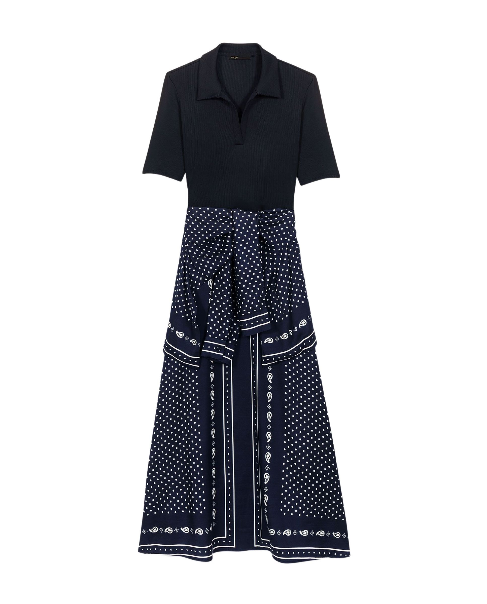 Vestido largo bimaterial estampado con efecto trampantojo - Maje - Azul marino Azul marino-7