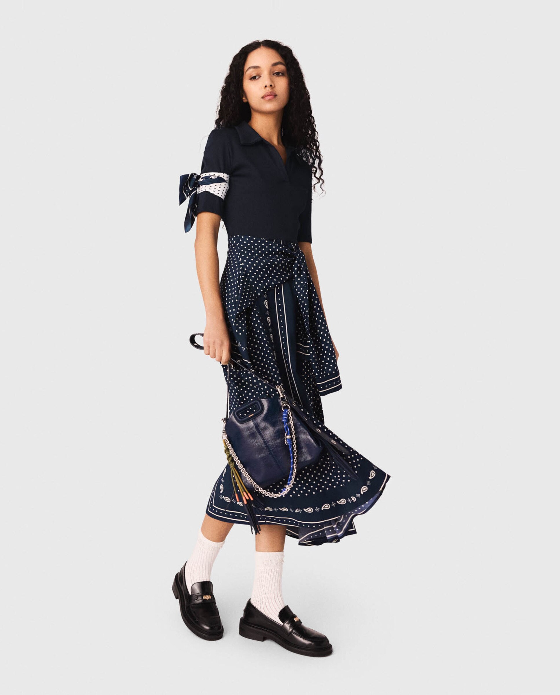 Vestido largo bimaterial estampado con efecto trampantojo - Maje - Azul marino Azul marino-5