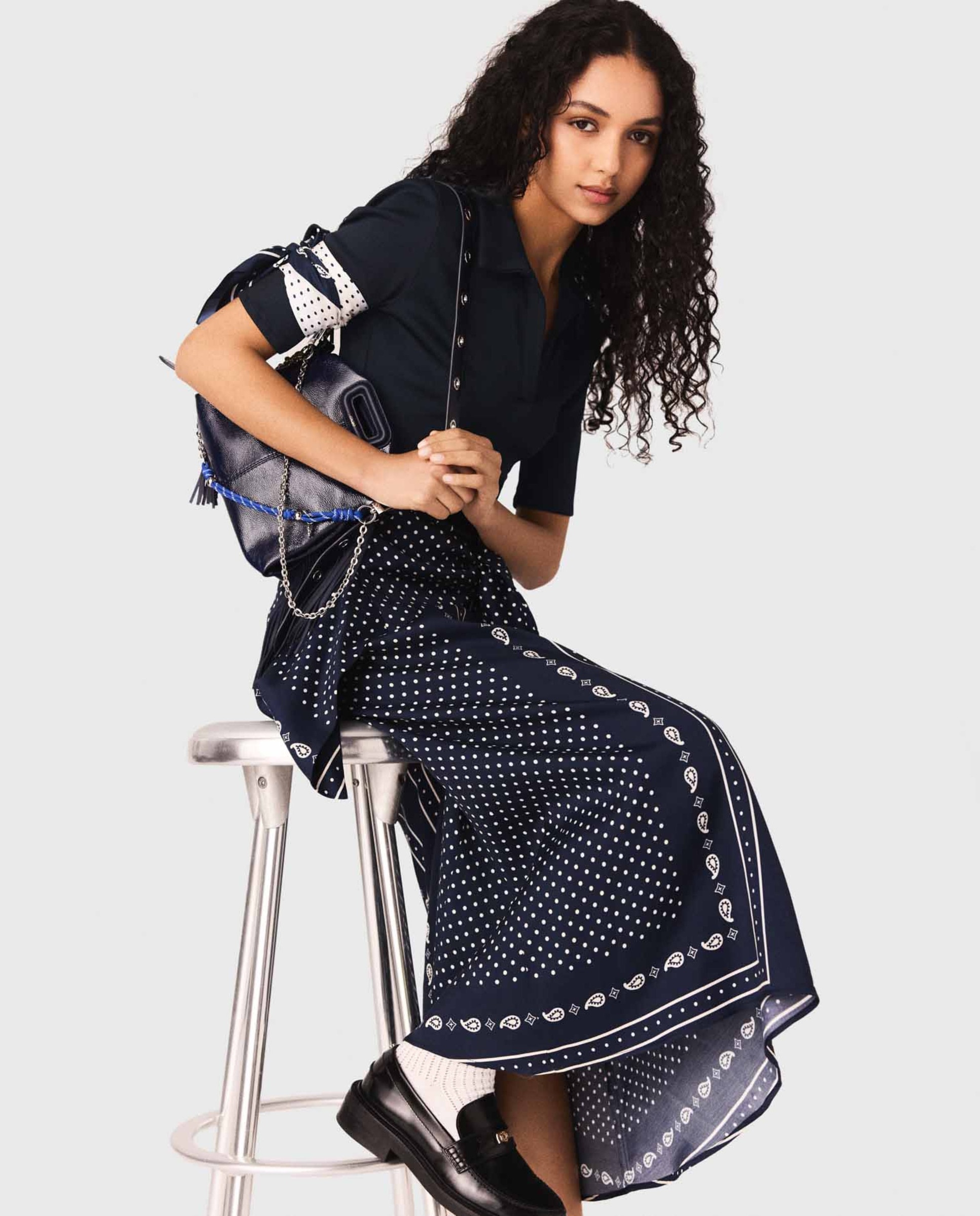 Vestido largo bimaterial estampado con efecto trampantojo - Maje - Azul marino Azul marino-6