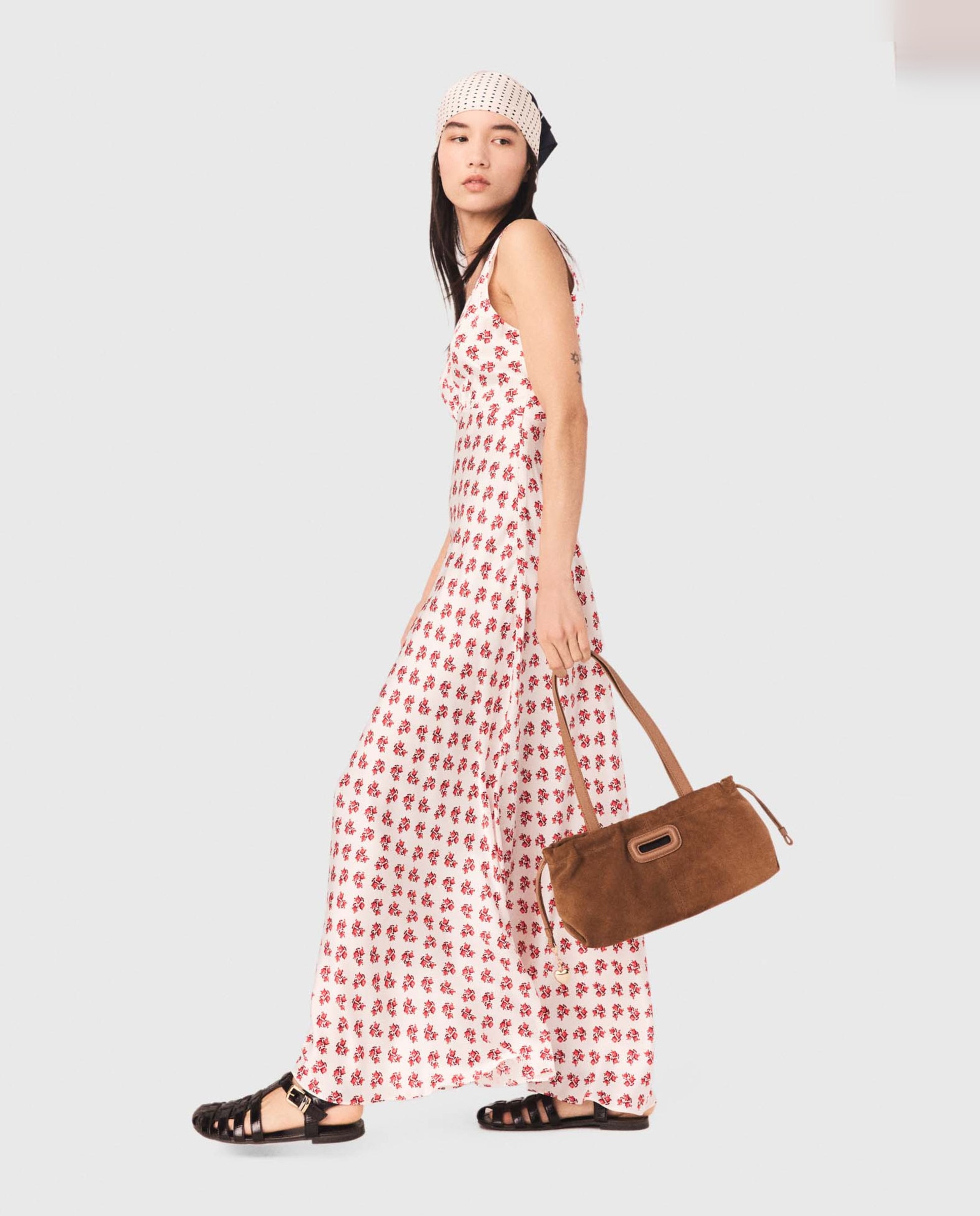 Vestido midi de seda estampado floral - Maje - Blanco / Rojo Blanco / Rojo-2