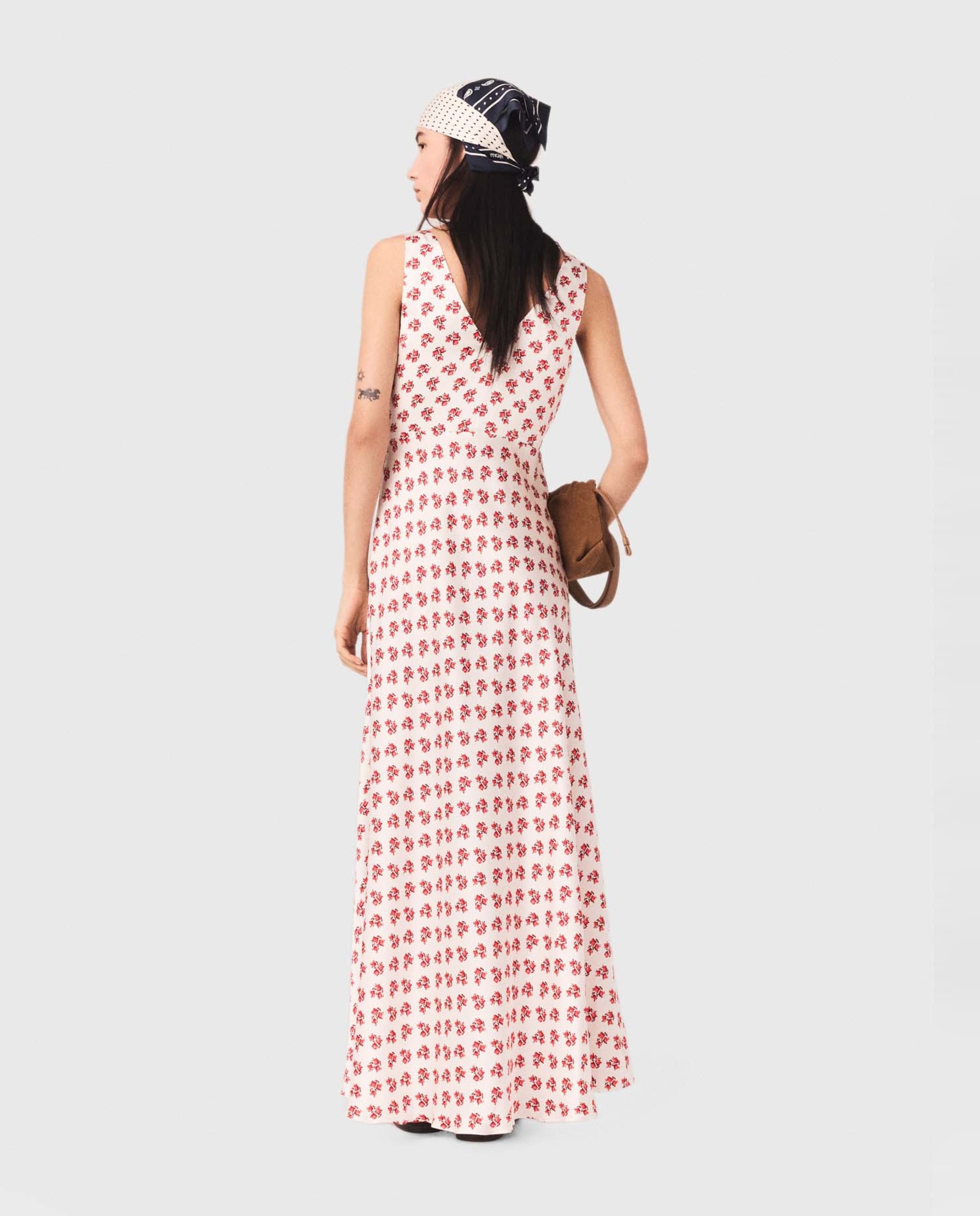 Vestido midi de seda estampado floral - Maje - Blanco / Rojo Blanco / Rojo-3