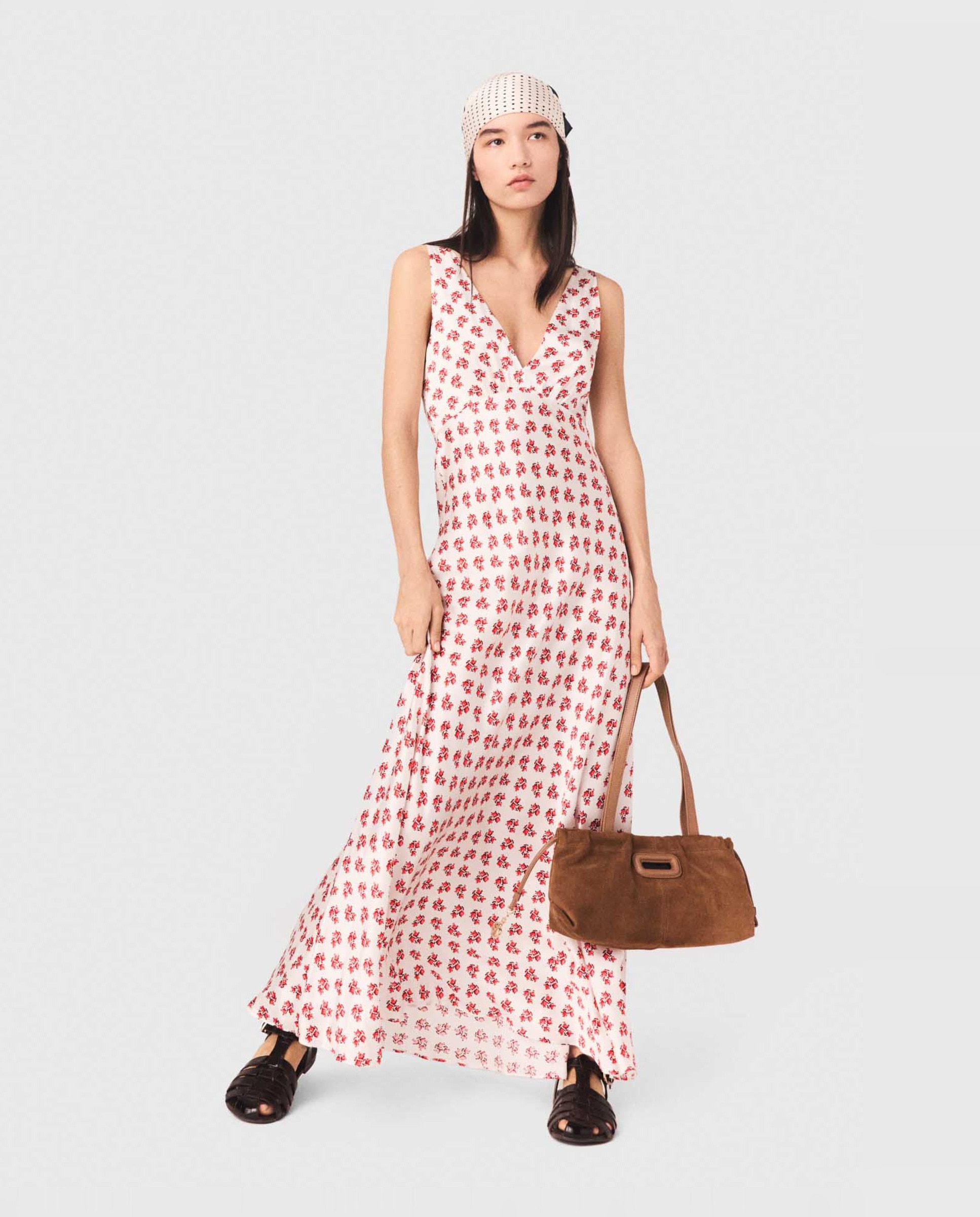 Vestido midi de seda estampado floral - Maje - Blanco / Rojo Blanco / Rojo-4