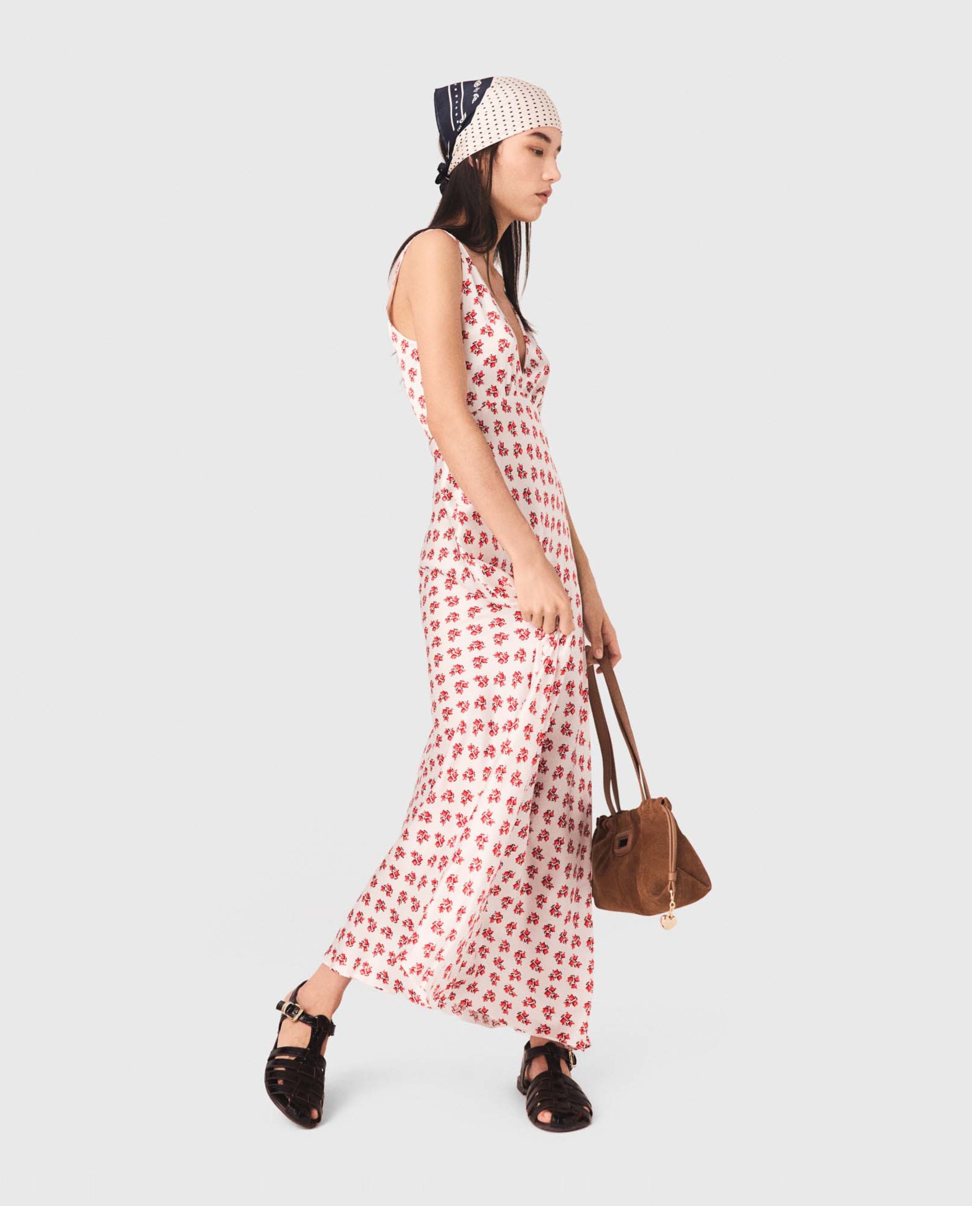 Vestido midi de seda estampado floral - Maje - Blanco / Rojo Blanco / Rojo-5