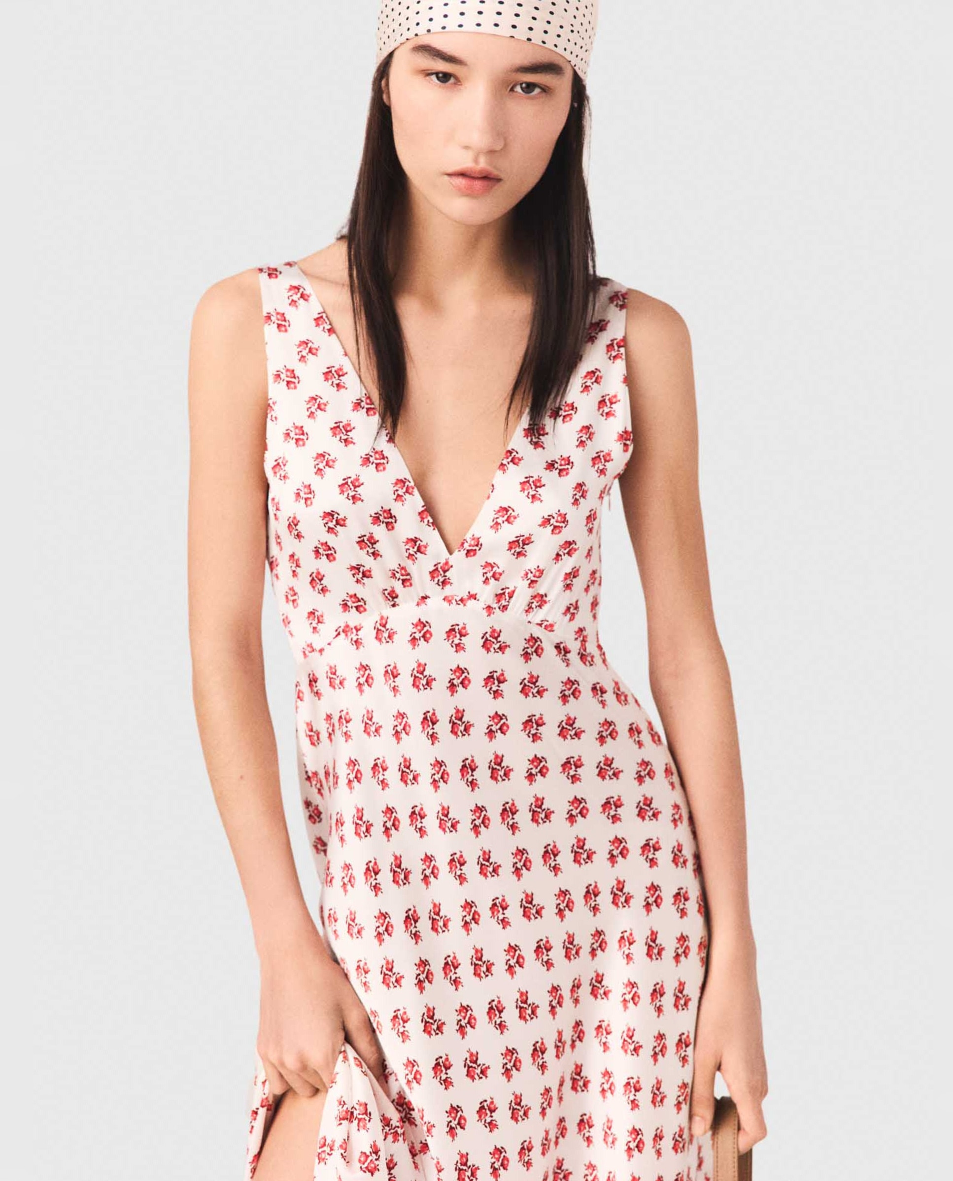 Vestido midi de seda estampado floral - Maje - Blanco / Rojo Blanco / Rojo-6