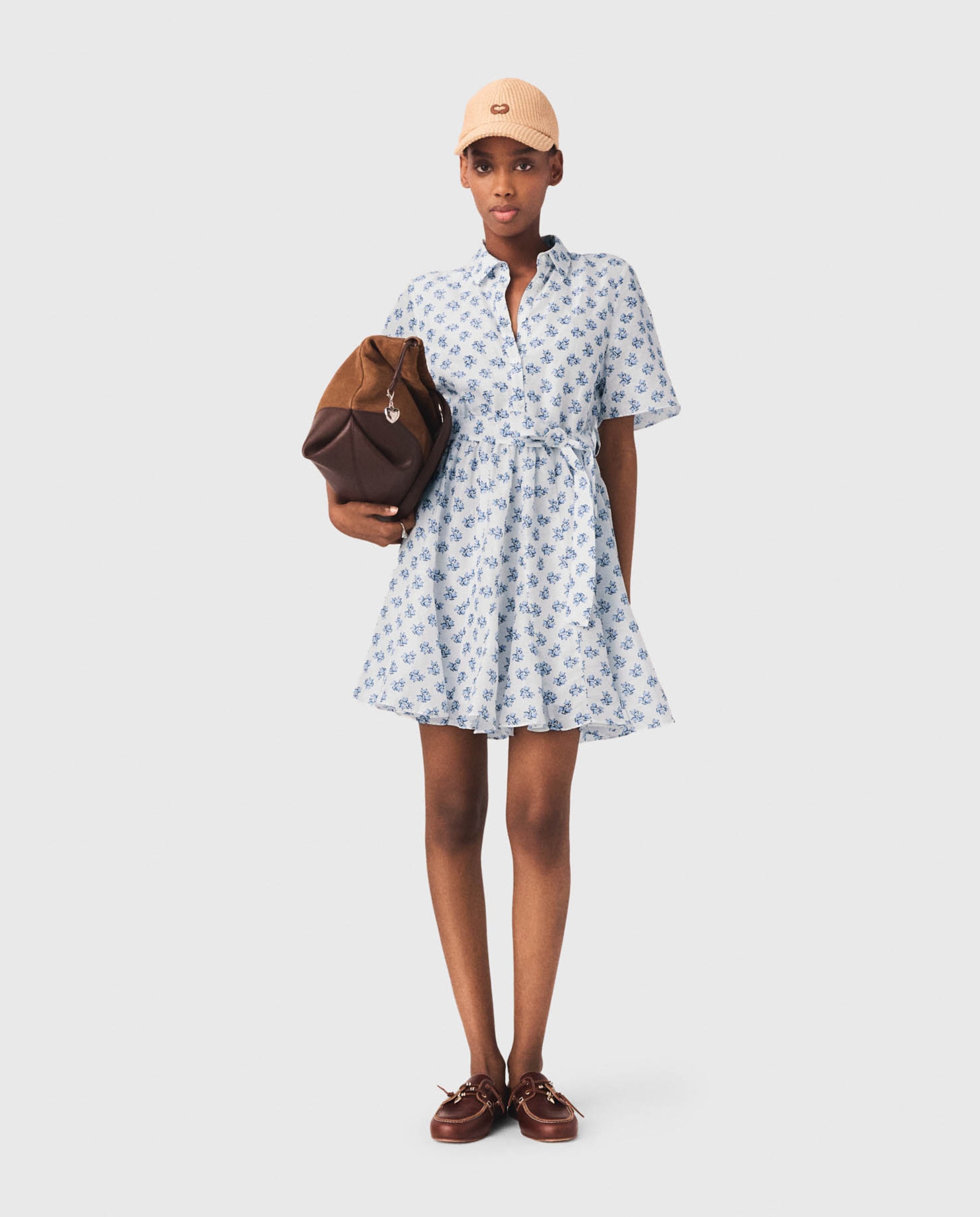 Maje - Vestido corto camisero estampado de lino.