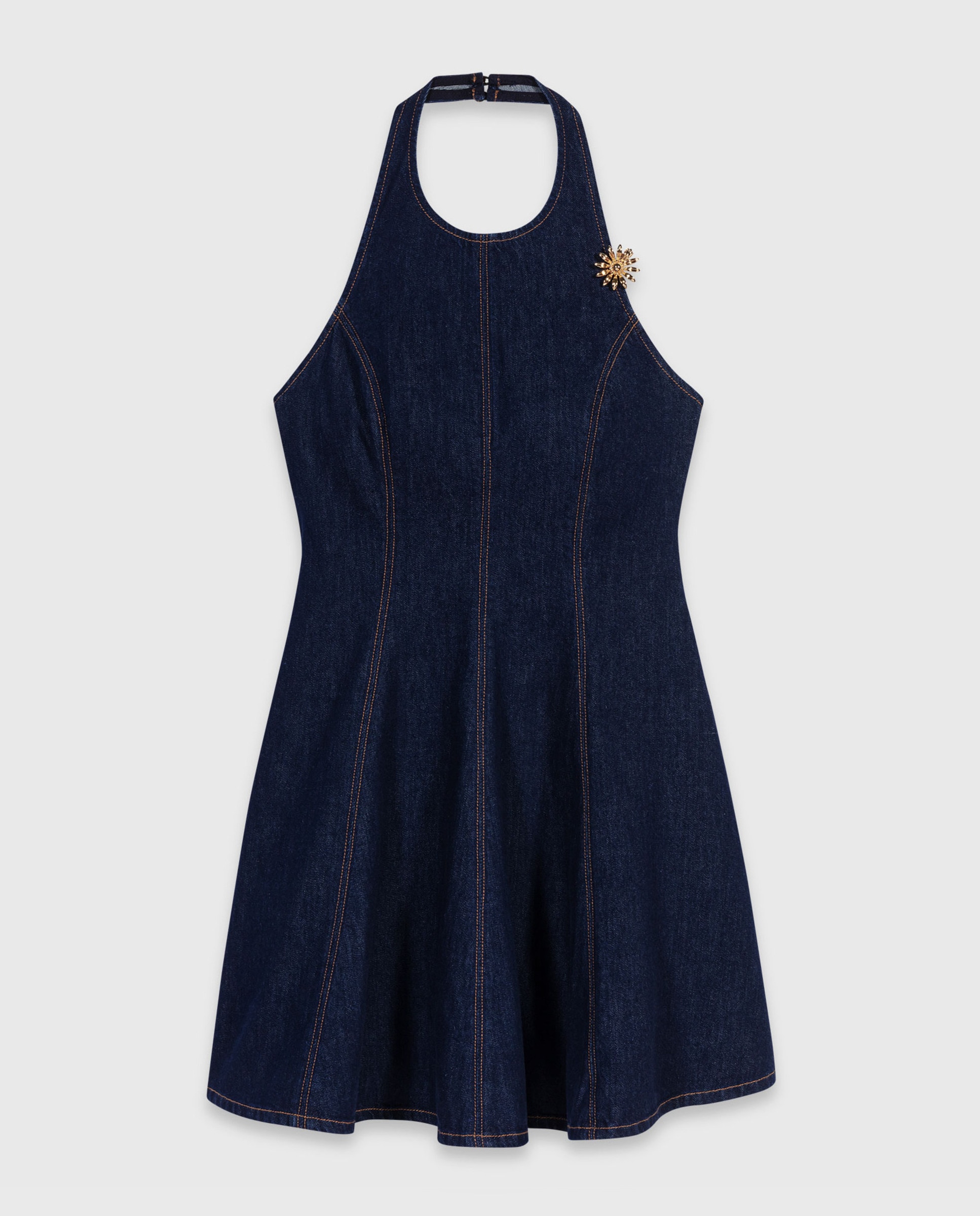Vestido corto de denim con cuello halter y espalda descubierta - Maje - Azul marino Azul marino-9