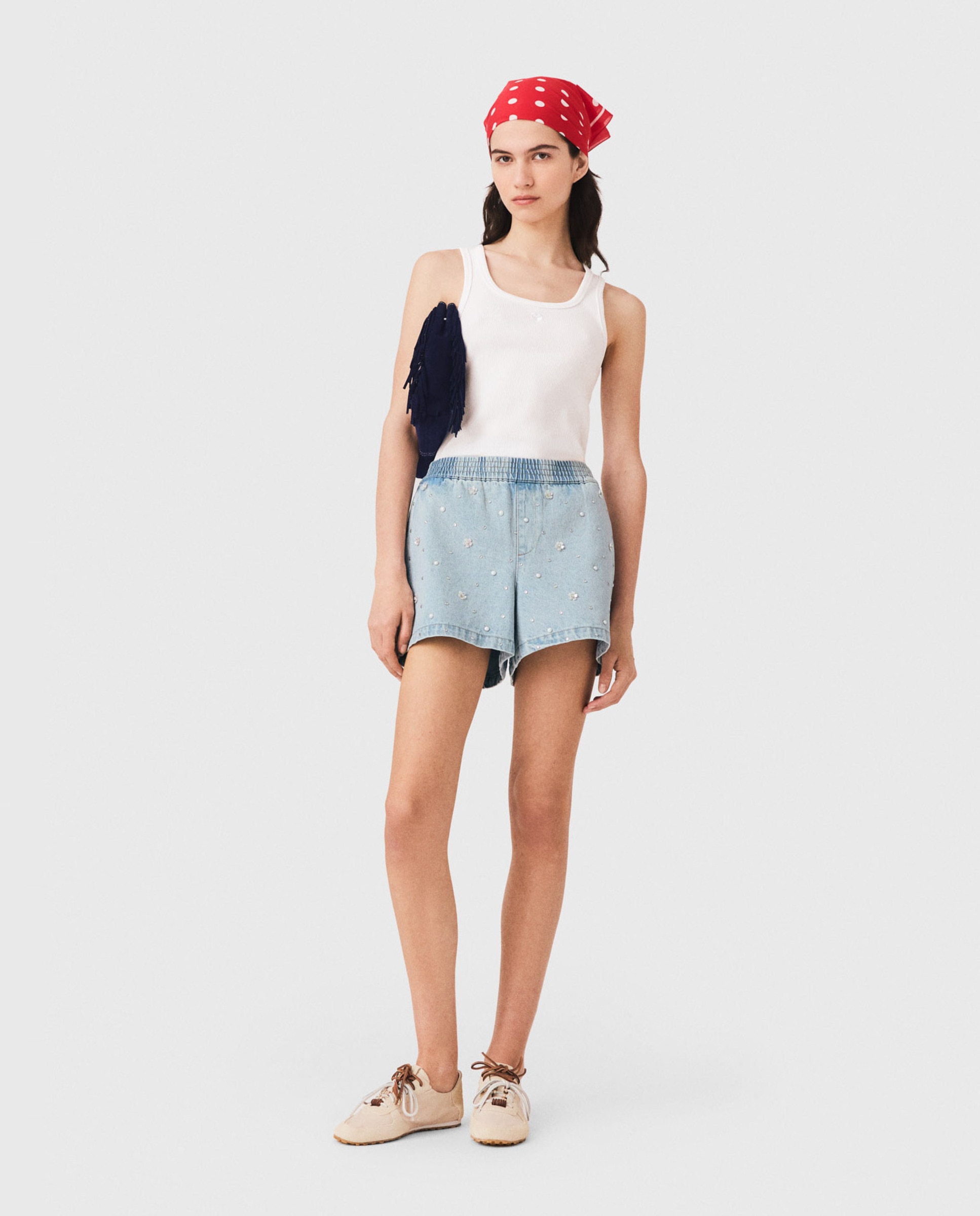 Short vaquero de mujer con tiro alto y motivos florales - Maje - Azul Azul-1