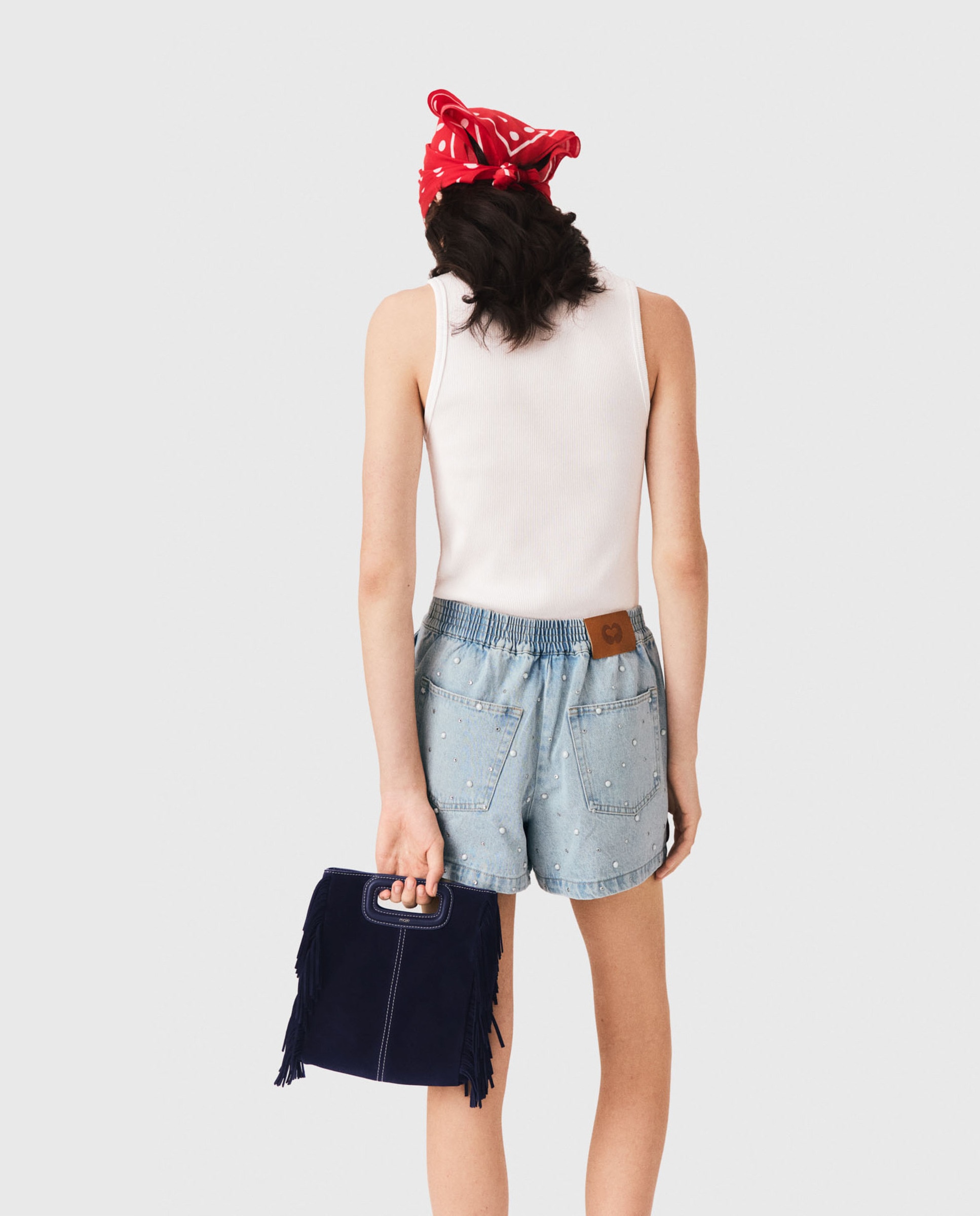 Short vaquero de mujer con tiro alto y motivos florales - Maje - Azul Azul-2
