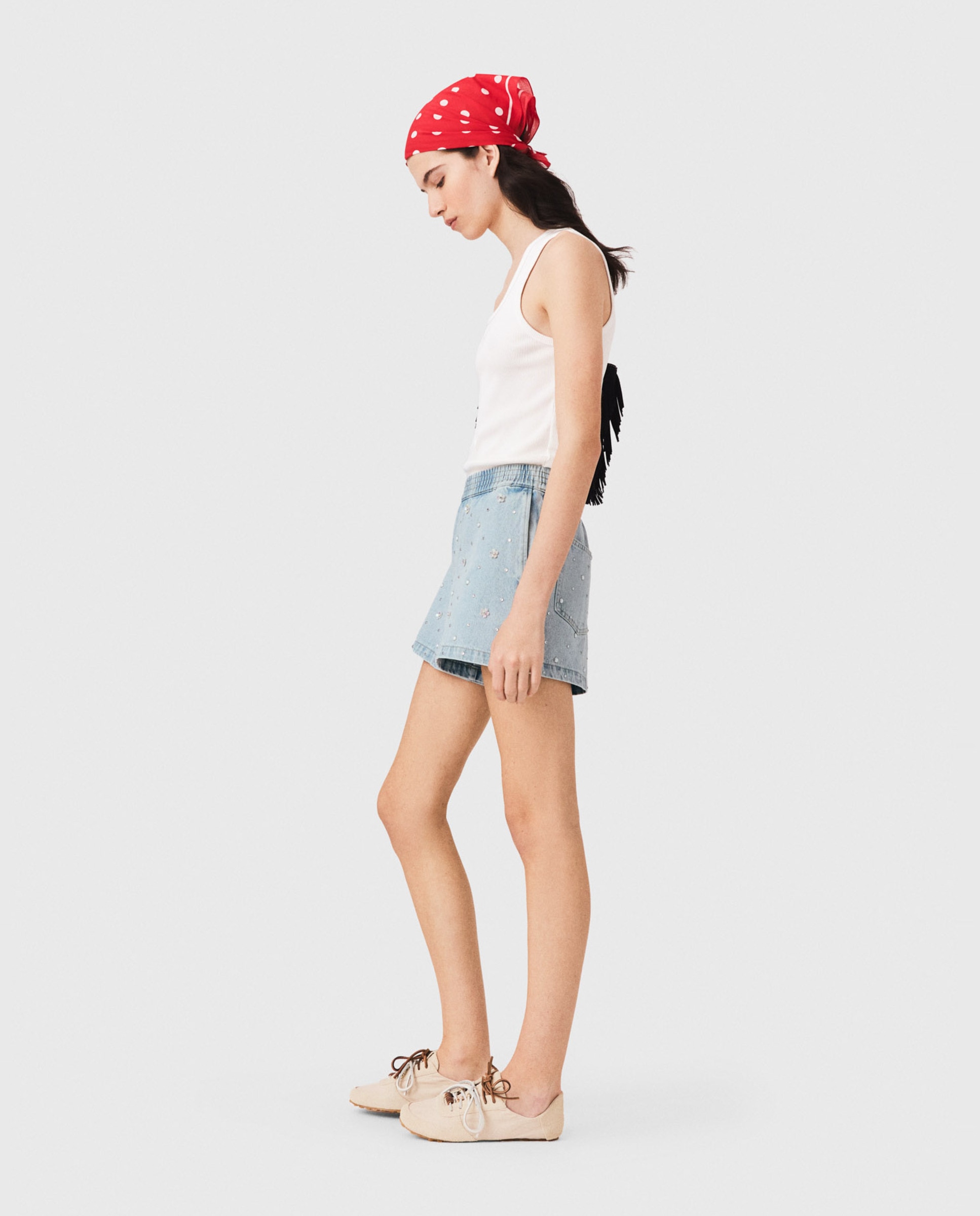 Short vaquero de mujer con tiro alto y motivos florales - Maje - Azul Azul-3
