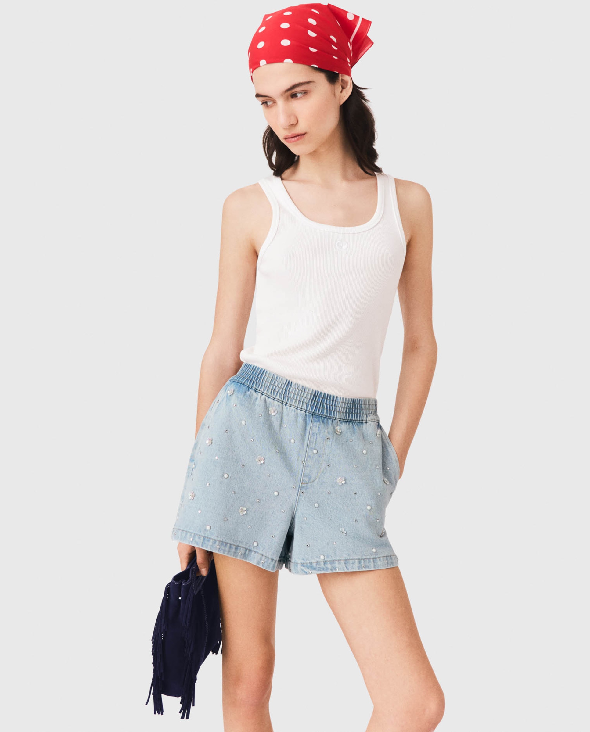 Short vaquero de mujer con tiro alto y motivos florales - Maje - Azul Azul-4
