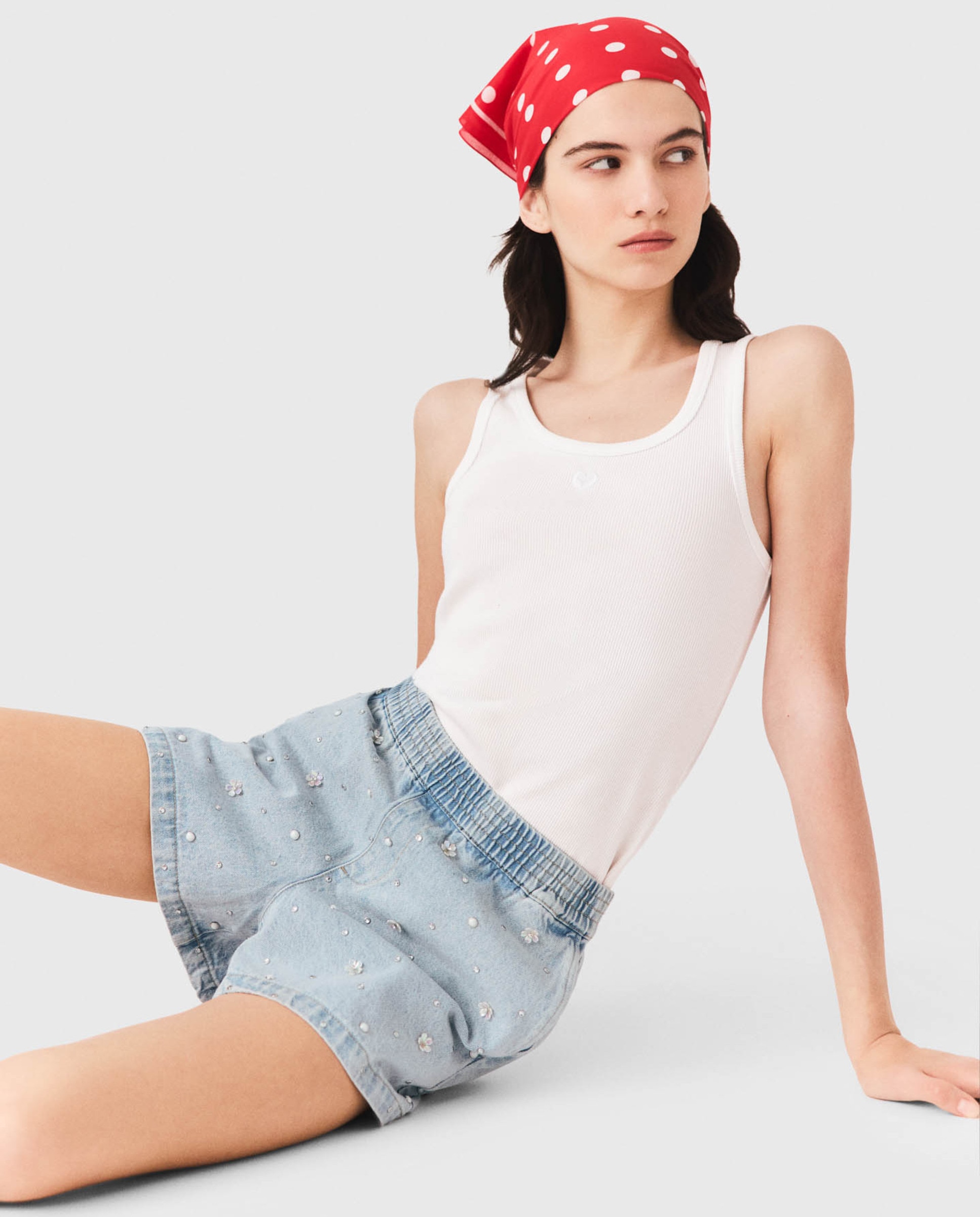 Short vaquero de mujer con tiro alto y motivos florales - Maje - Azul Azul-5