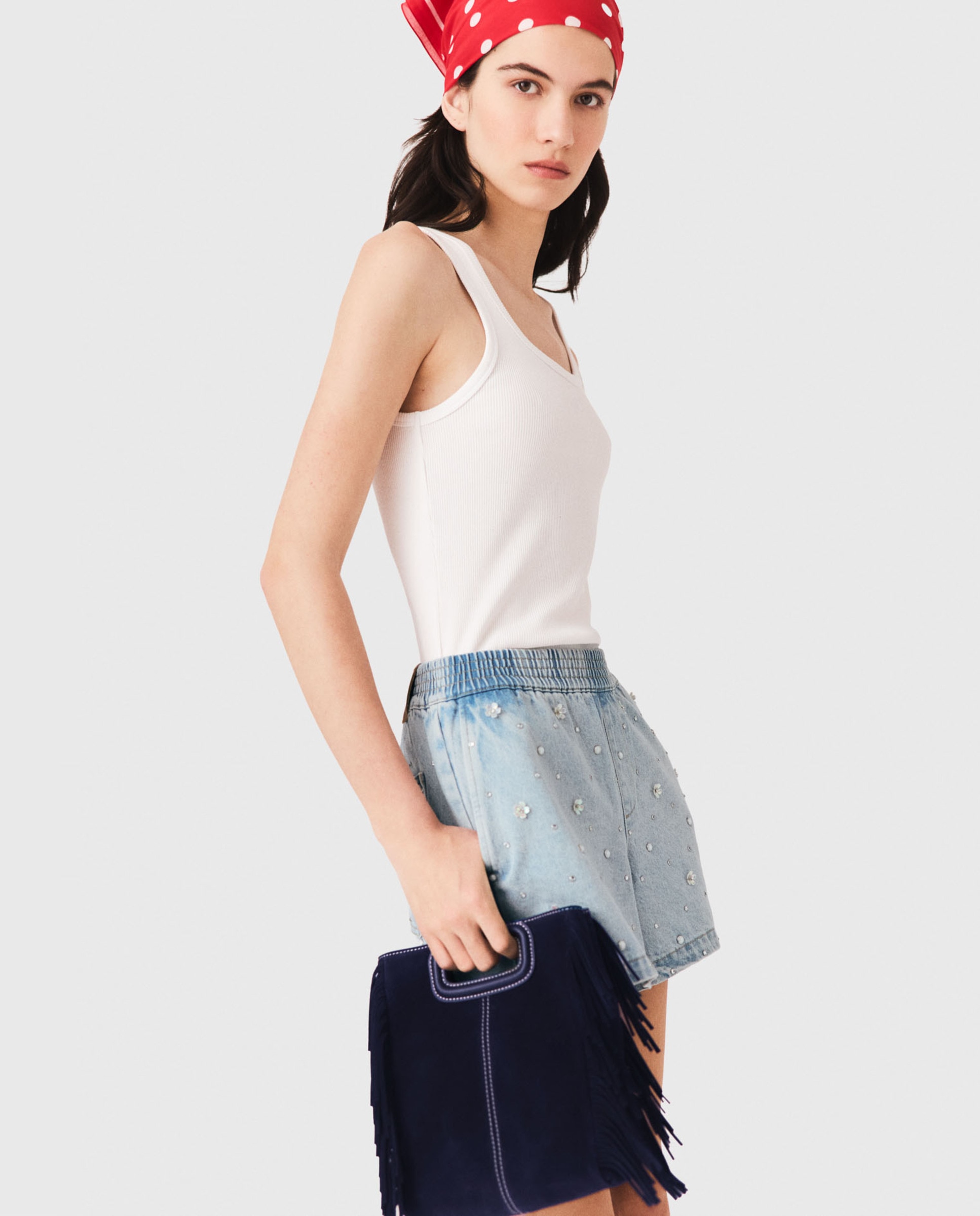 Short vaquero de mujer con tiro alto y motivos florales - Maje - Azul Azul-6