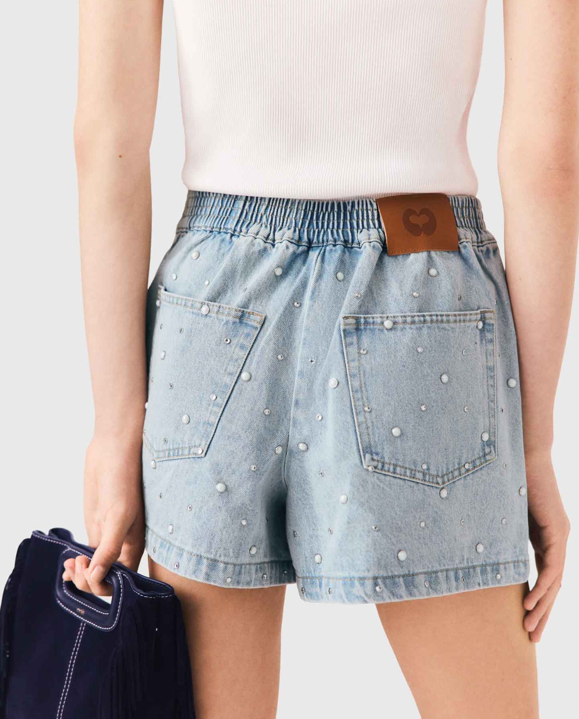 Short vaquero de mujer con tiro alto y motivos florales - Maje - Azul Azul-7