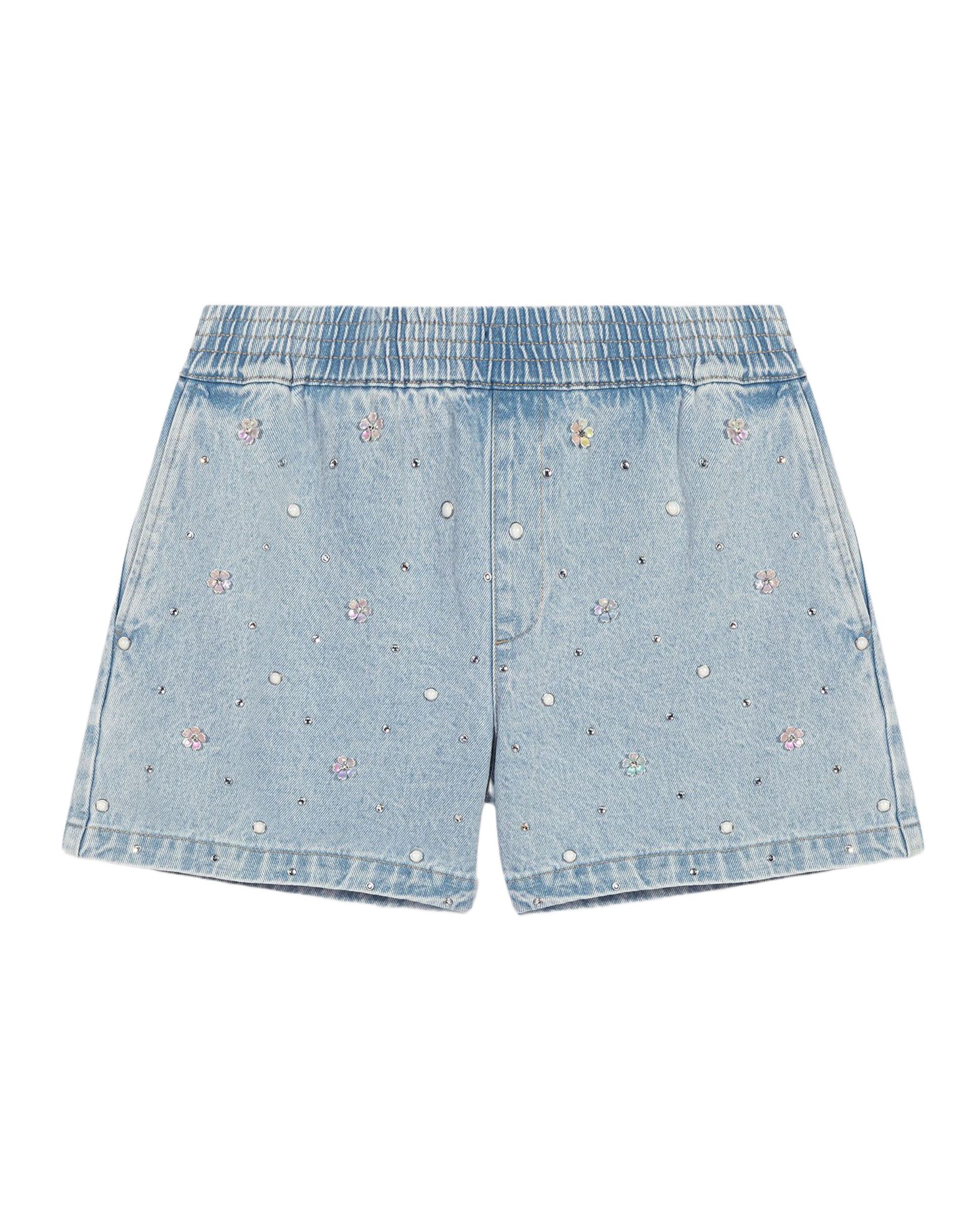 Short vaquero de mujer con tiro alto y motivos florales - Maje - Azul Azul-8