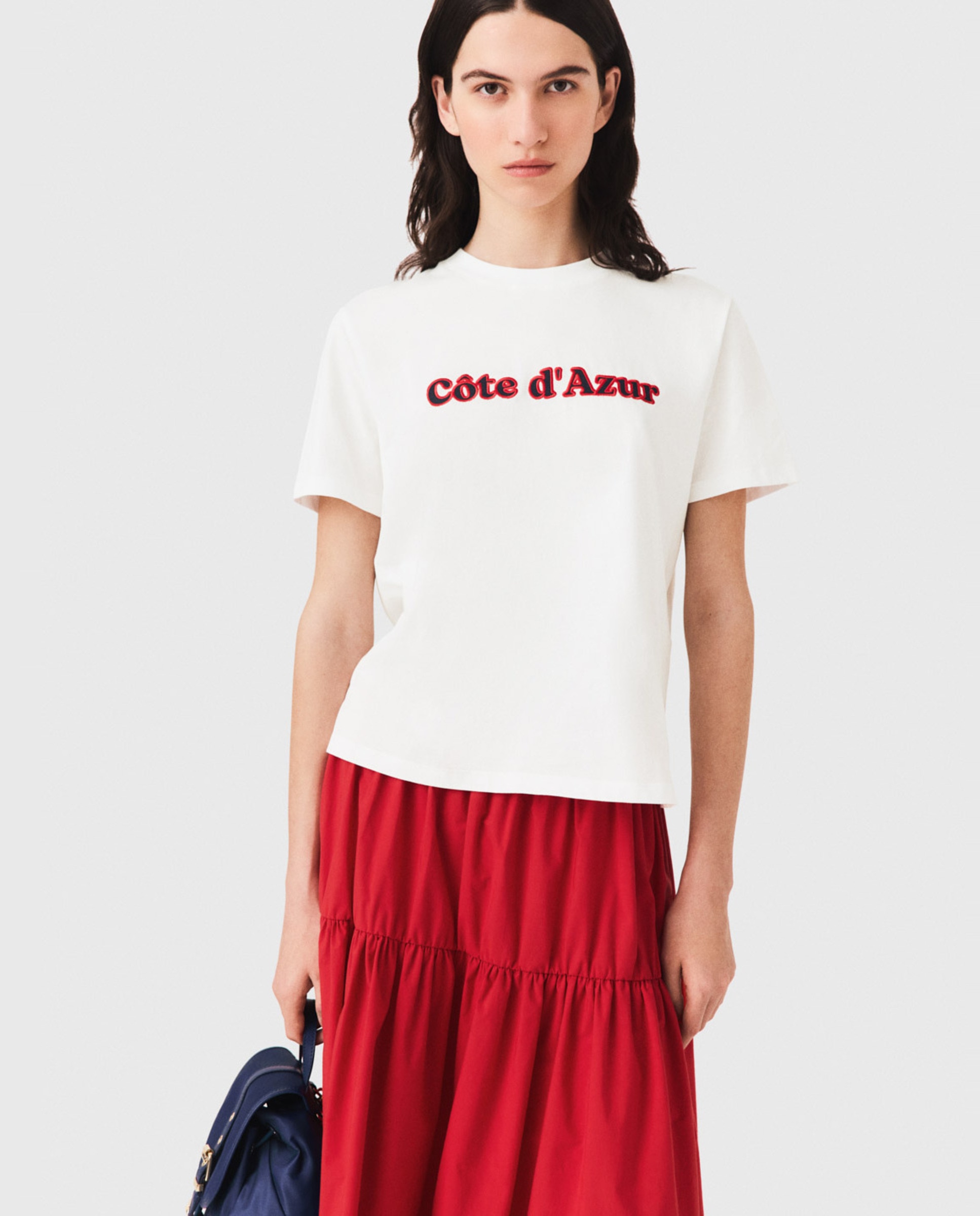 Camiseta de mujer de algodón corte recto con bordado en relieve - Maje - Blanco Blanco-1
