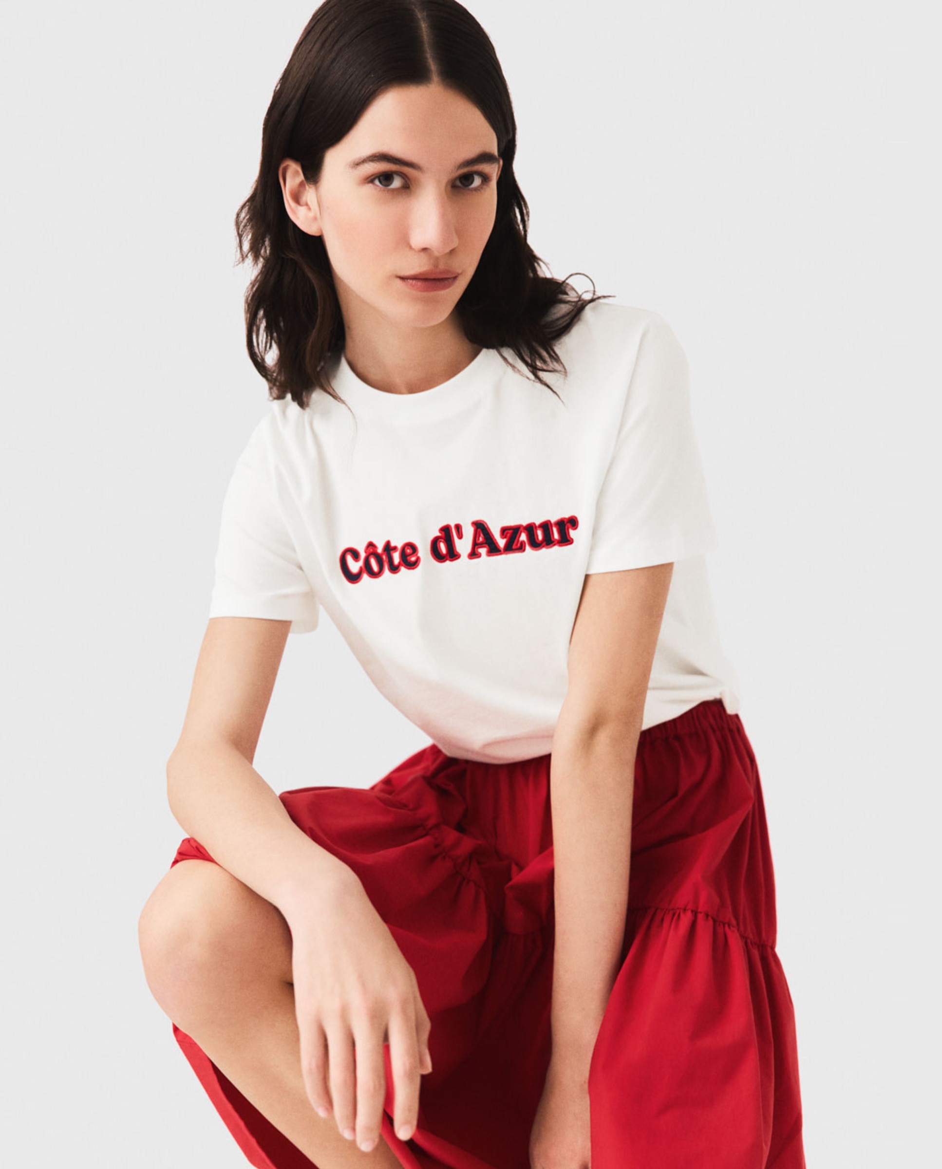 Camiseta de mujer de algodón corte recto con bordado en relieve - Maje - Blanco Blanco-5