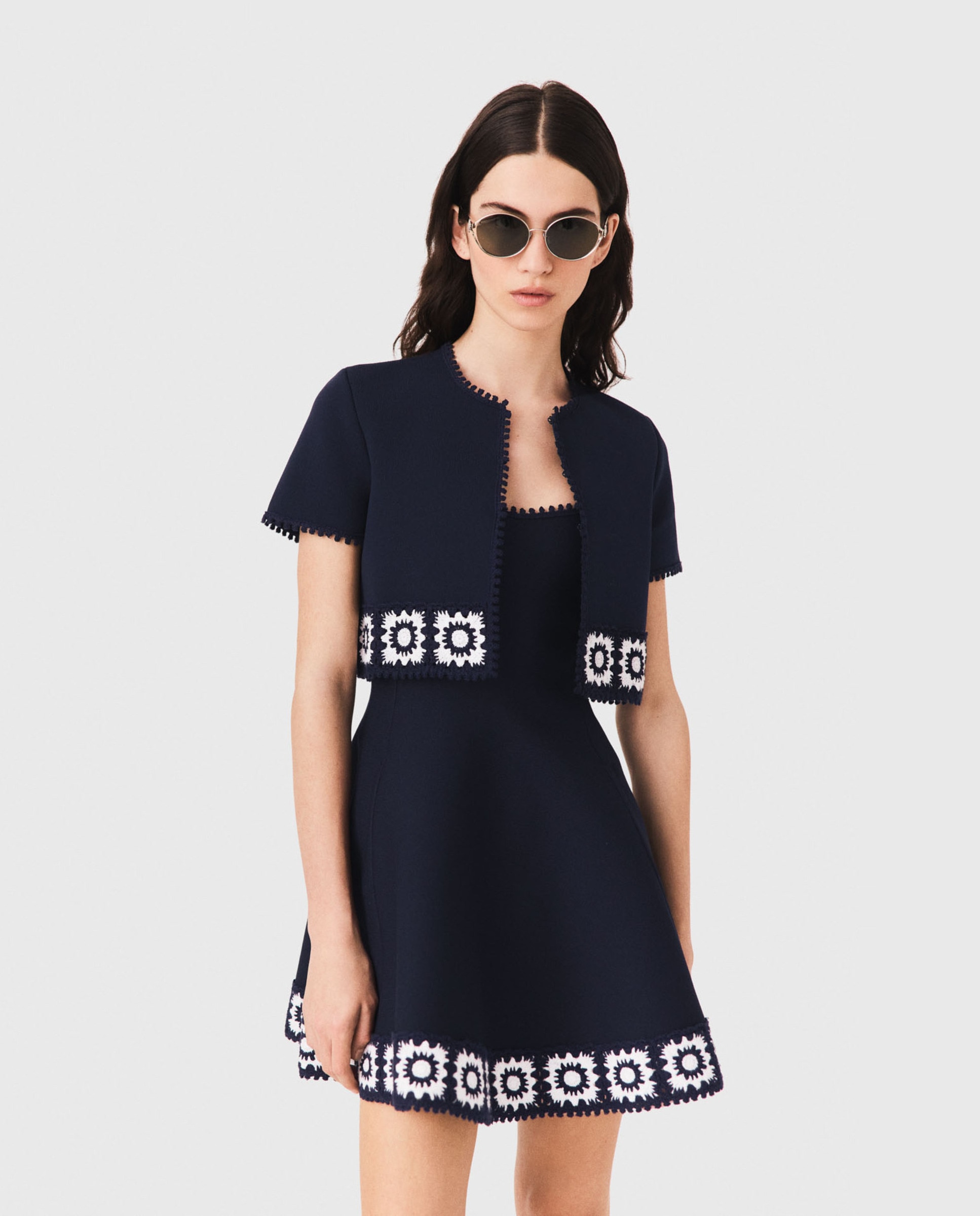 Cárdigan de punto de mujer con ganchillo floral y bordes festoneados - Maje - Azul marino Azul marino-1